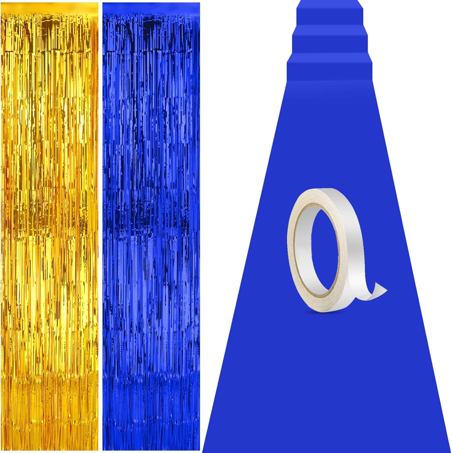 Tegeme Carpet Runner Aisle 2.6 x 30 Feet with Carpet Tape and 4 Pieces of 8.2 x 3.2 Feet Metal Tinsel Tassel Curtains for Halloween Birthday Wedding Party Decoration (Blue)