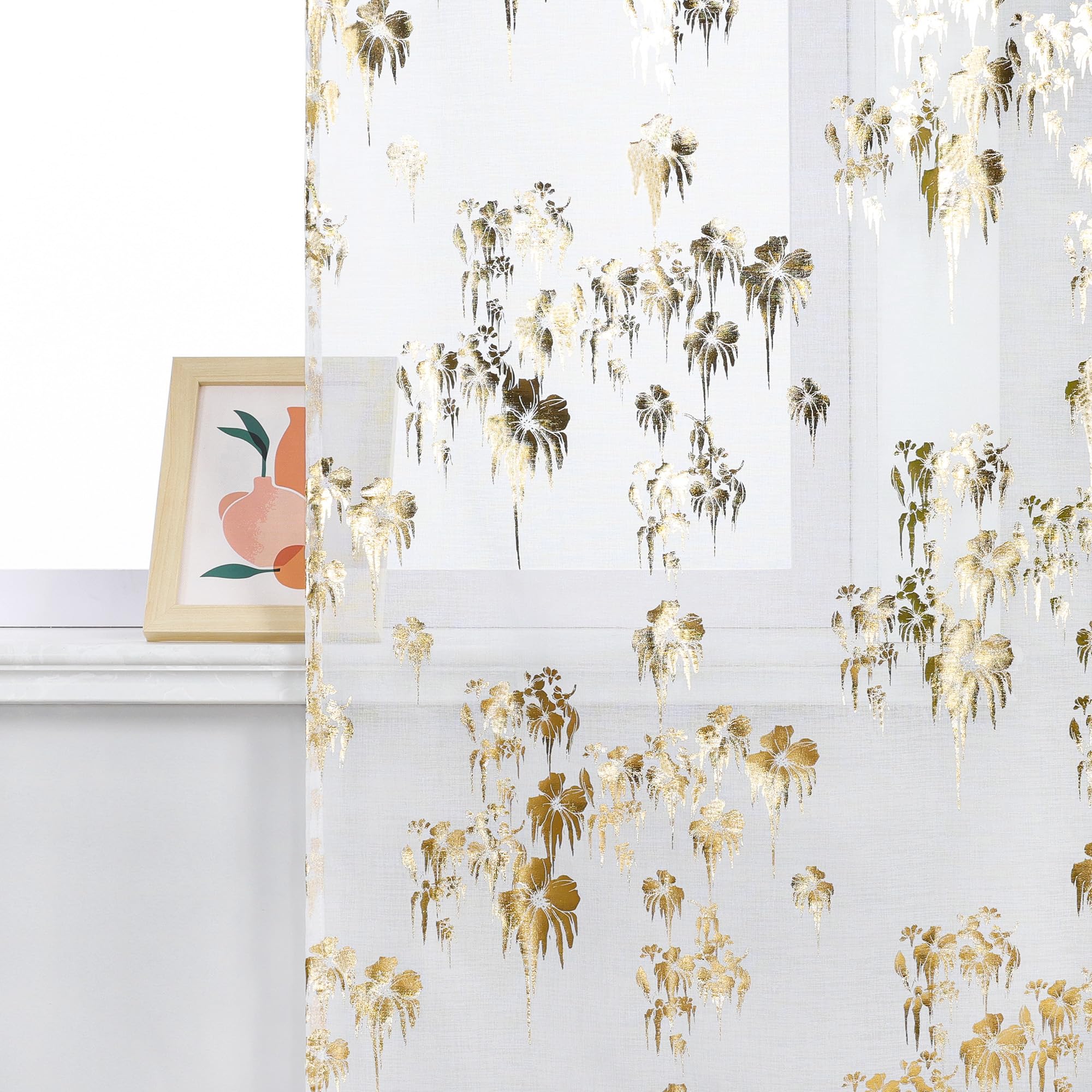 ESLIR Schiebevorhänge Set 2er Flächenvorhänge mit Klettband Schiebegardinen Transparent Gardinenschals Transparent Vorhang mit geprägtem Blumenmuster Gold BxH 57x145 cm 2 Stück