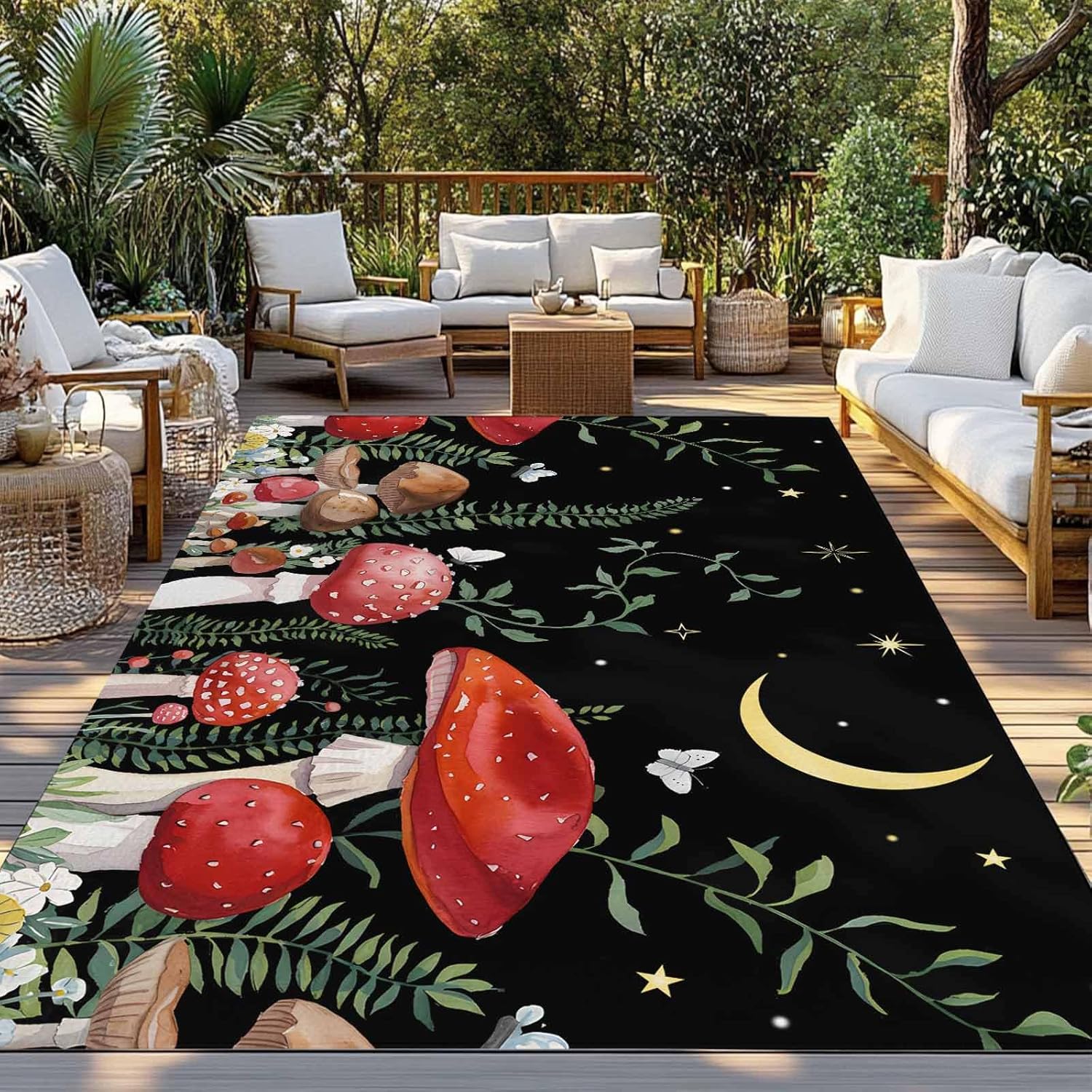 Outdoor Rug 4x6 ft Mushrooms Outdoor Large Area Rug Non Slip Rubber Black Eucalyptus Leaves Moon Front Door Mat RV Rug Camping Carpet Patio Outdoor Rugs for Backyard Balcony Deck Porch Indoor Outside