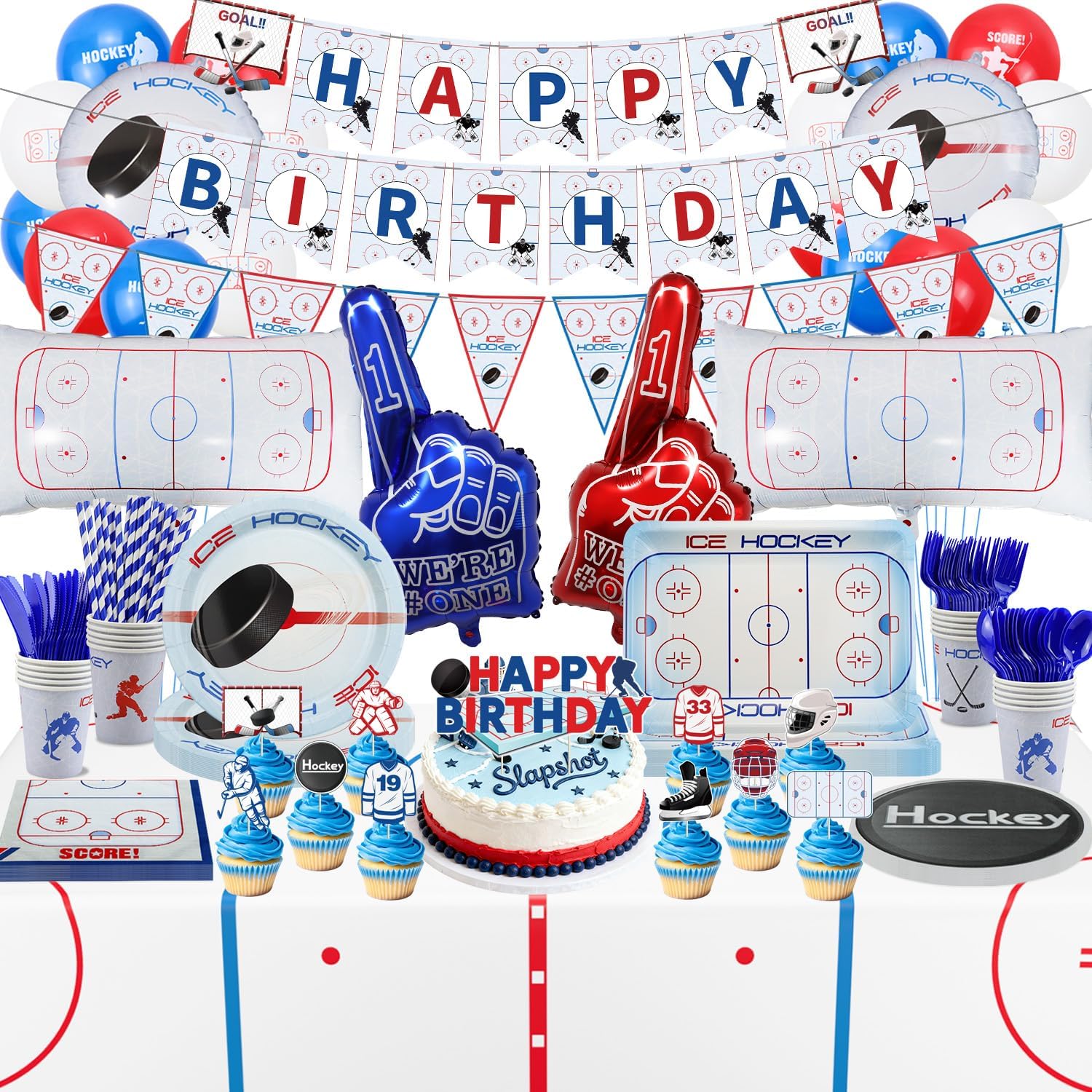 184 Pcs Hockey Birthday Decorations - Ice Hockey Party Supplies Set Including Plates, Tablecloth, Napkins, Tableware, Balloons for Kid's Sports Themed Party, Serves 20