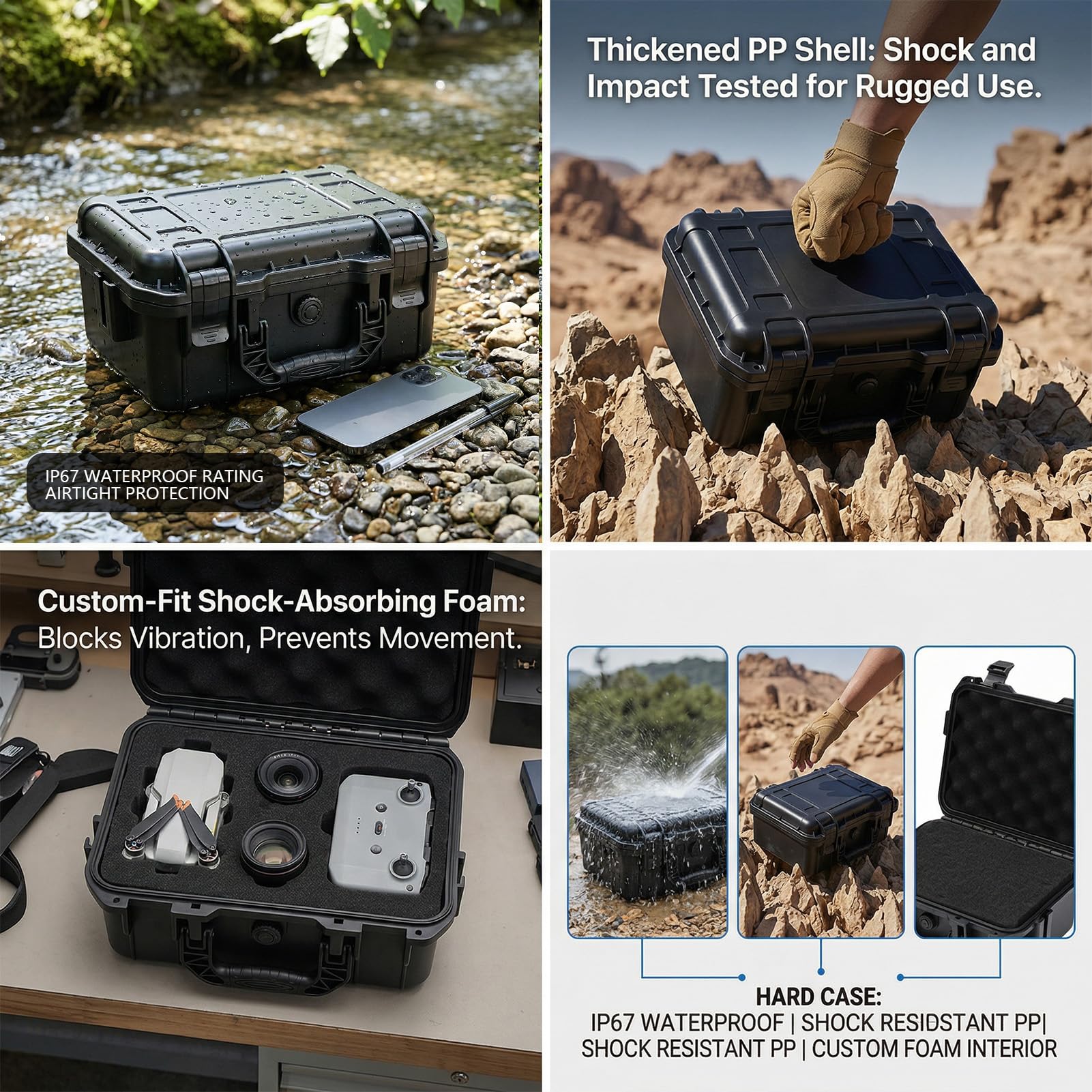 Survival-Aufbewahrungsbox IP67 Wasserdicht Outdoor Stoßfest Aufbewahrungskoffer mit Schaumstoff für Outdoor-Aktivitäten Reisen Zuhause (270 × 215 × 123 mm)