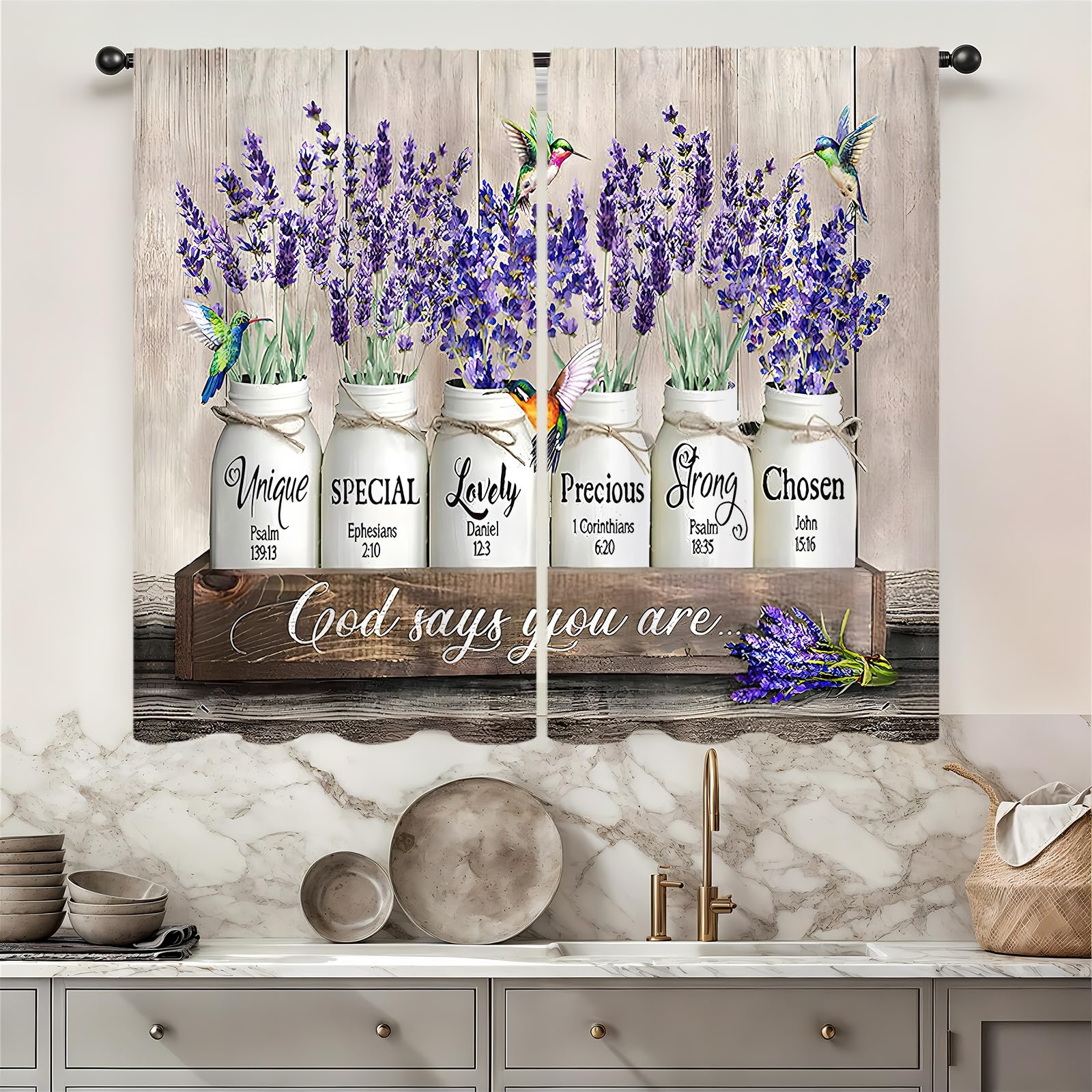 Famiffty Purple Flower Lavender Kitchen Curtain Farmhouse Vintage Country Rustic Wood Barn Inspirational Small Short Tier Cafe Curtain Quote Bathroom