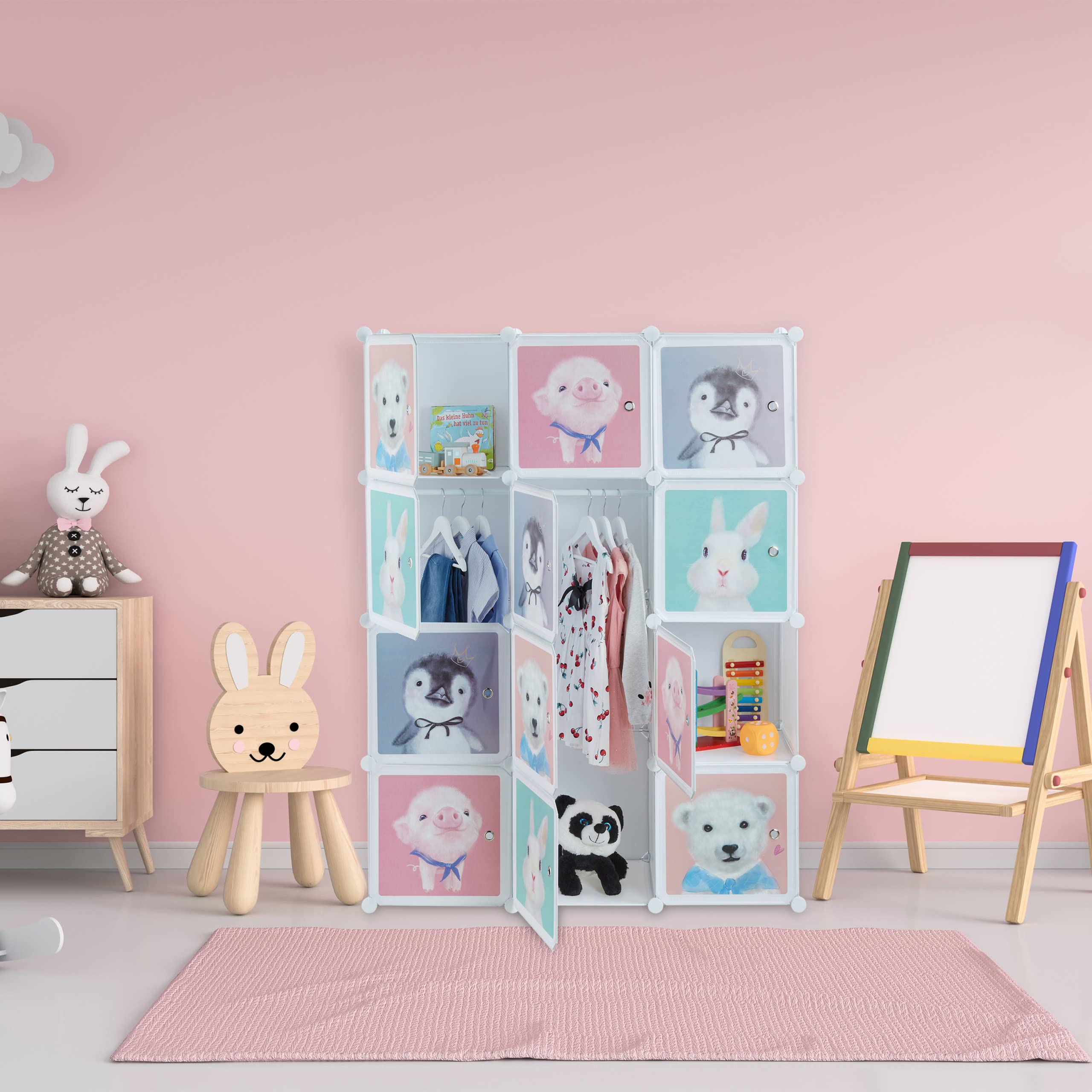 Relaxdays Scaffale Componibile da Cameretta, 8 Scomparti, Disegni di Animali, con Ante, HLP 145 x 109 x 37 cm, Bianco