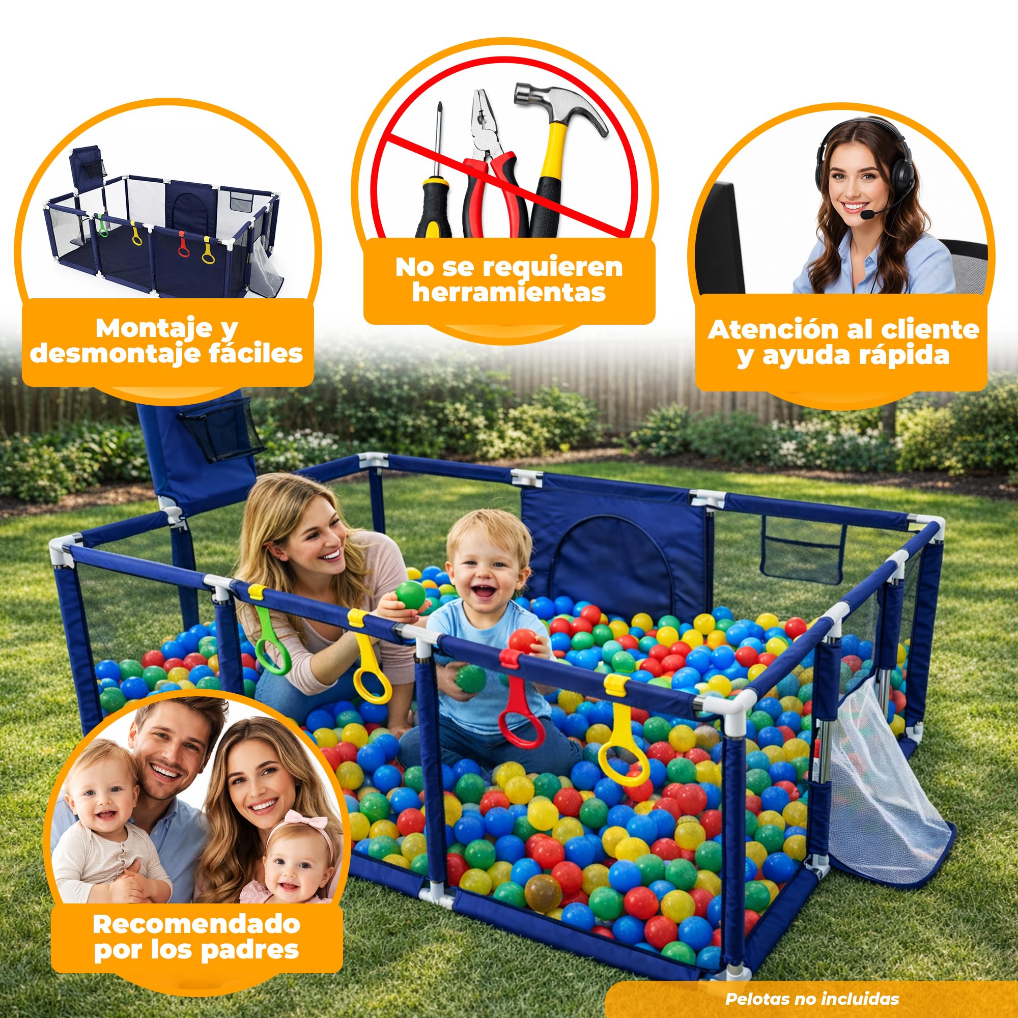 Parque Infantil Bebé XXL 180x122 cm con Canasta y Portería de Fútbol | Parque infantil XXL con malla transpirable, anillas para primeros pasos, canasta de baloncesto, portería de fútbol.