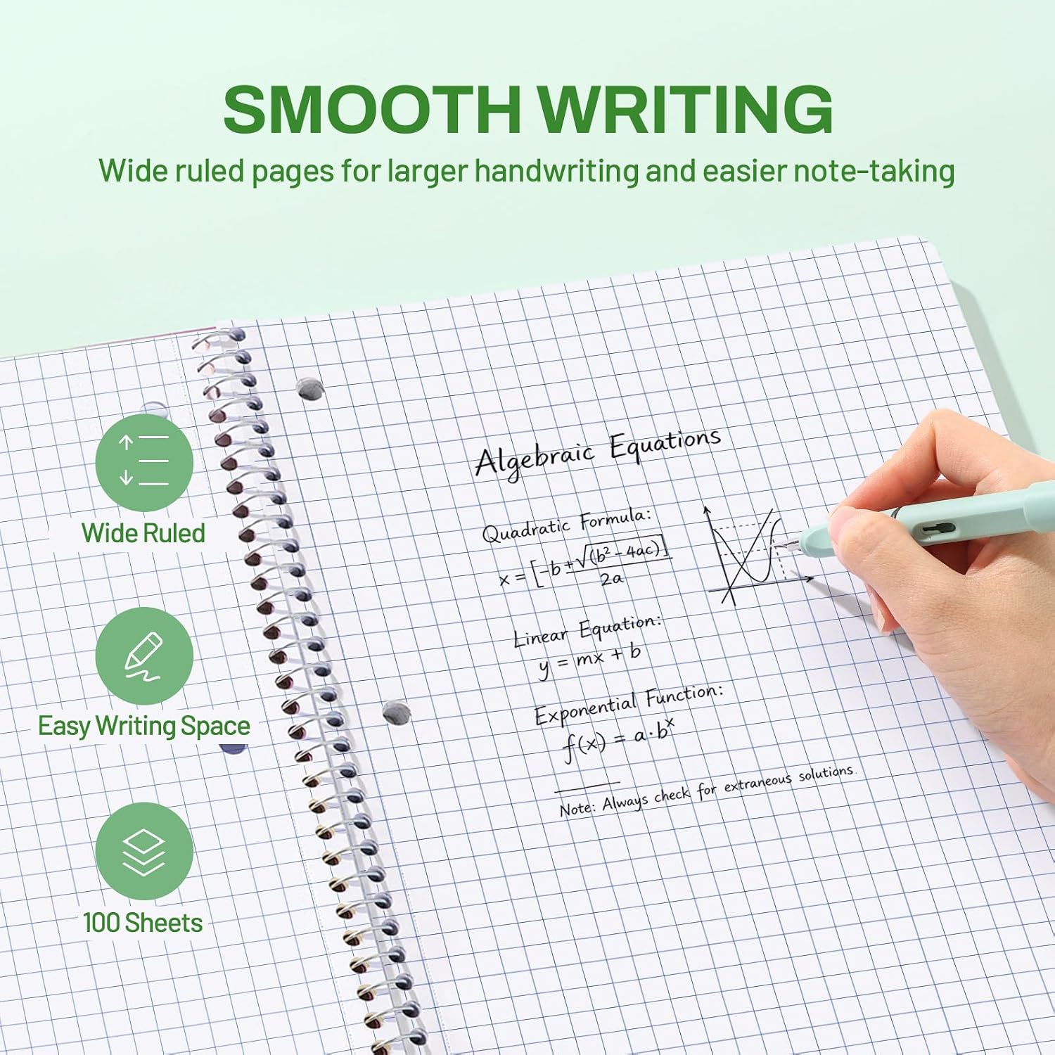 SUNEE Spiral Notebook, 1-Subject, Graph Ruled Paper, 8" x 10-1/2", 100 Sheets per Notebook, 3-Hole Punched Paper, Water Resistant Cover, Spiral Grid Notebooks for Work, Home, School, Dark Green image 4