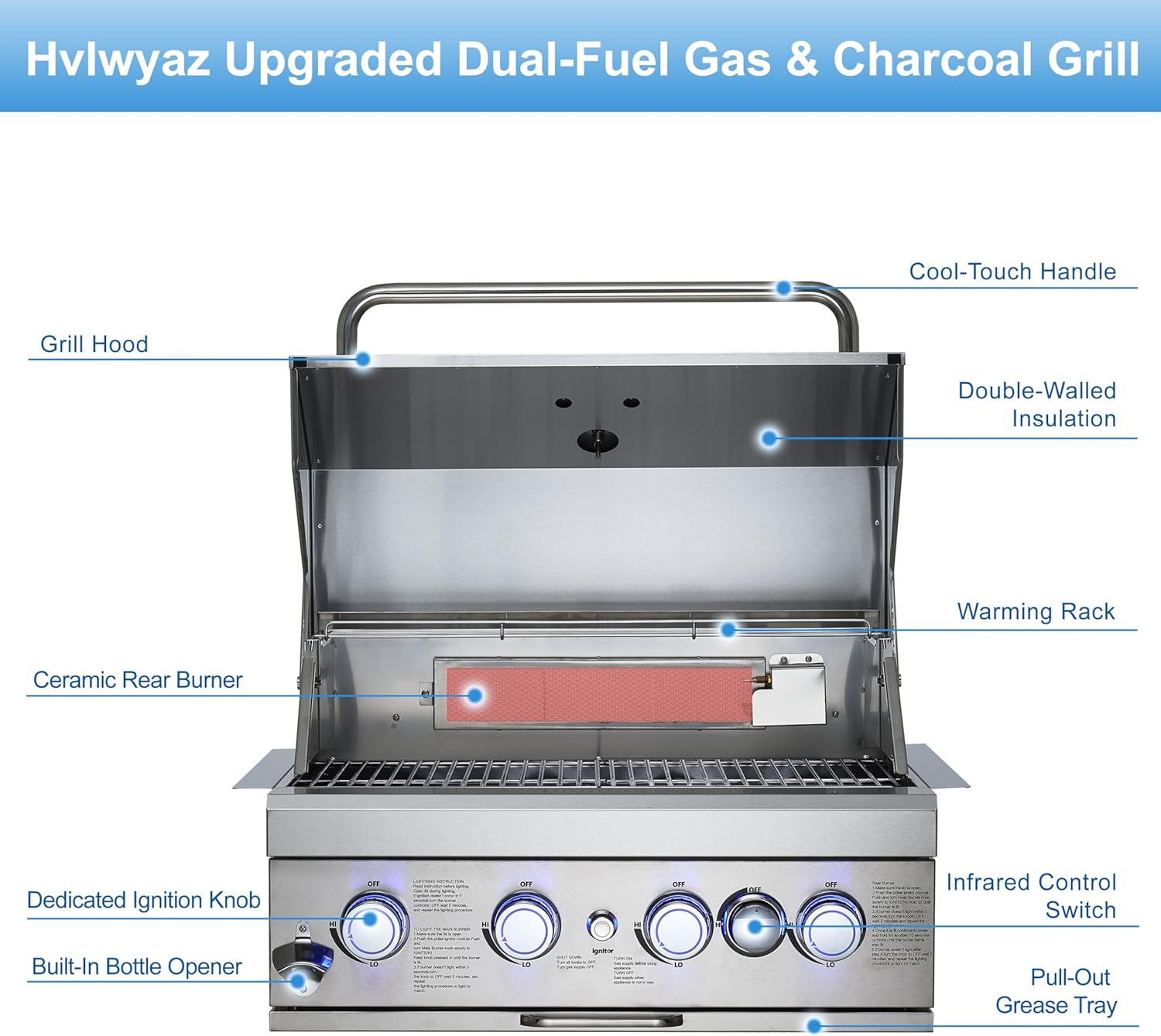 28-inch Built In Gas Grill Outdoor, 4Burner Propane Grill with Rear Burner 48,000BTU, Built-in BBQ Grill Stainless Steel, Charcoal and Propane Gas Dual Fuel, with Rain Cover for Outdoor Kitchen Island