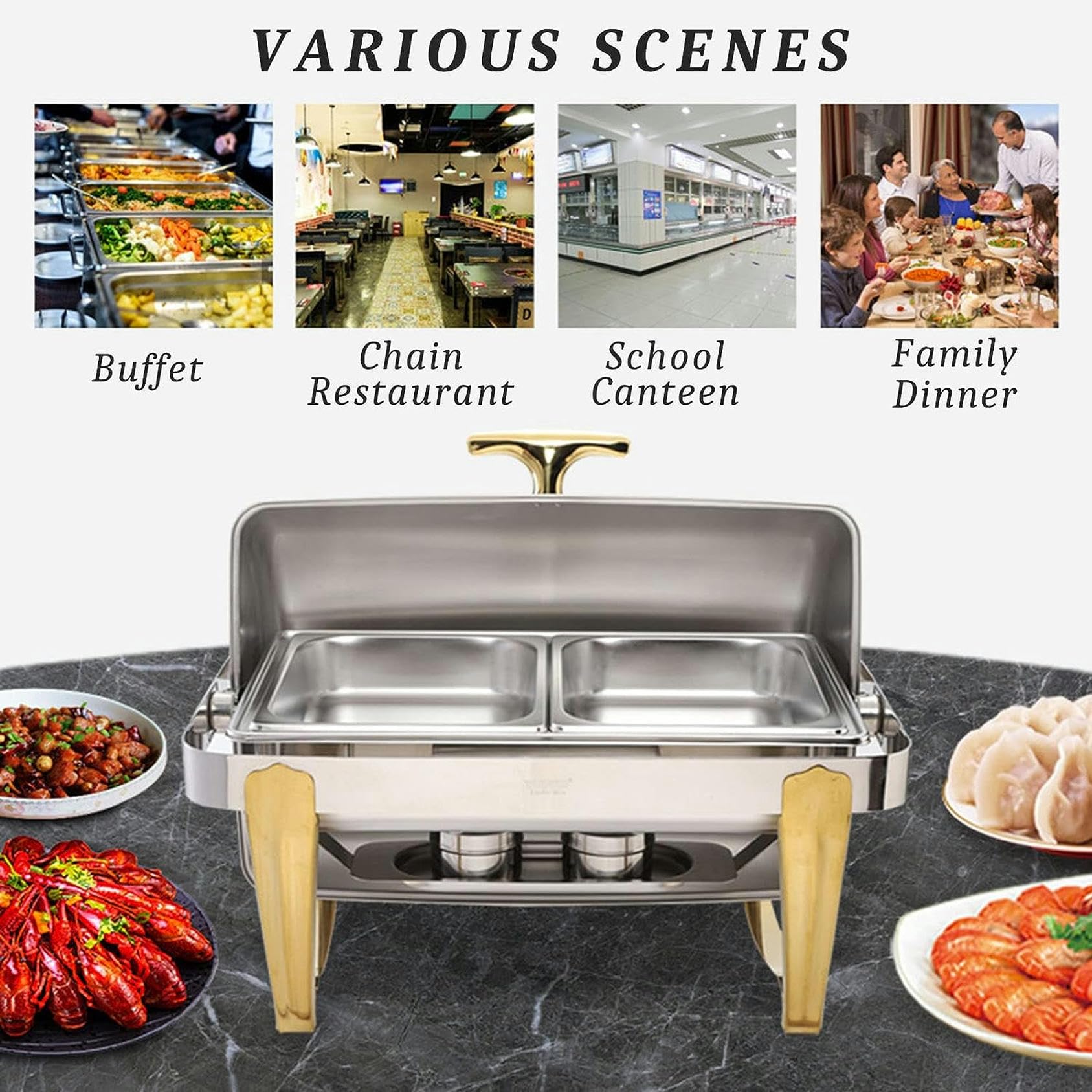 Chafing Dish in Acciaio Inossidabile, Vassoio riscaldante per Buffet Placcato Oro da 9 Litri con Coperchio Girevole a 180° e Porta-combustibile, per cene, Feste, Matrimoni, Eventi