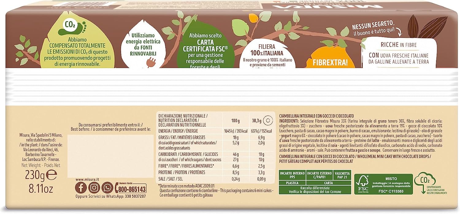 Misura Ciambelline con Gocce di Cioccolato Fibrextra | 100% Farina Integrale | Ricche in Fibre | Confezione da 230 grammi - Immagine 2