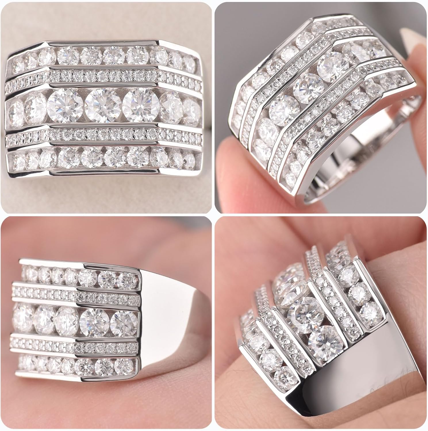 D Color VVS1 Moissanite Rings for Men White Gold Plated Mens Wedding Band Promise Engagement Groom Round Size 7-15