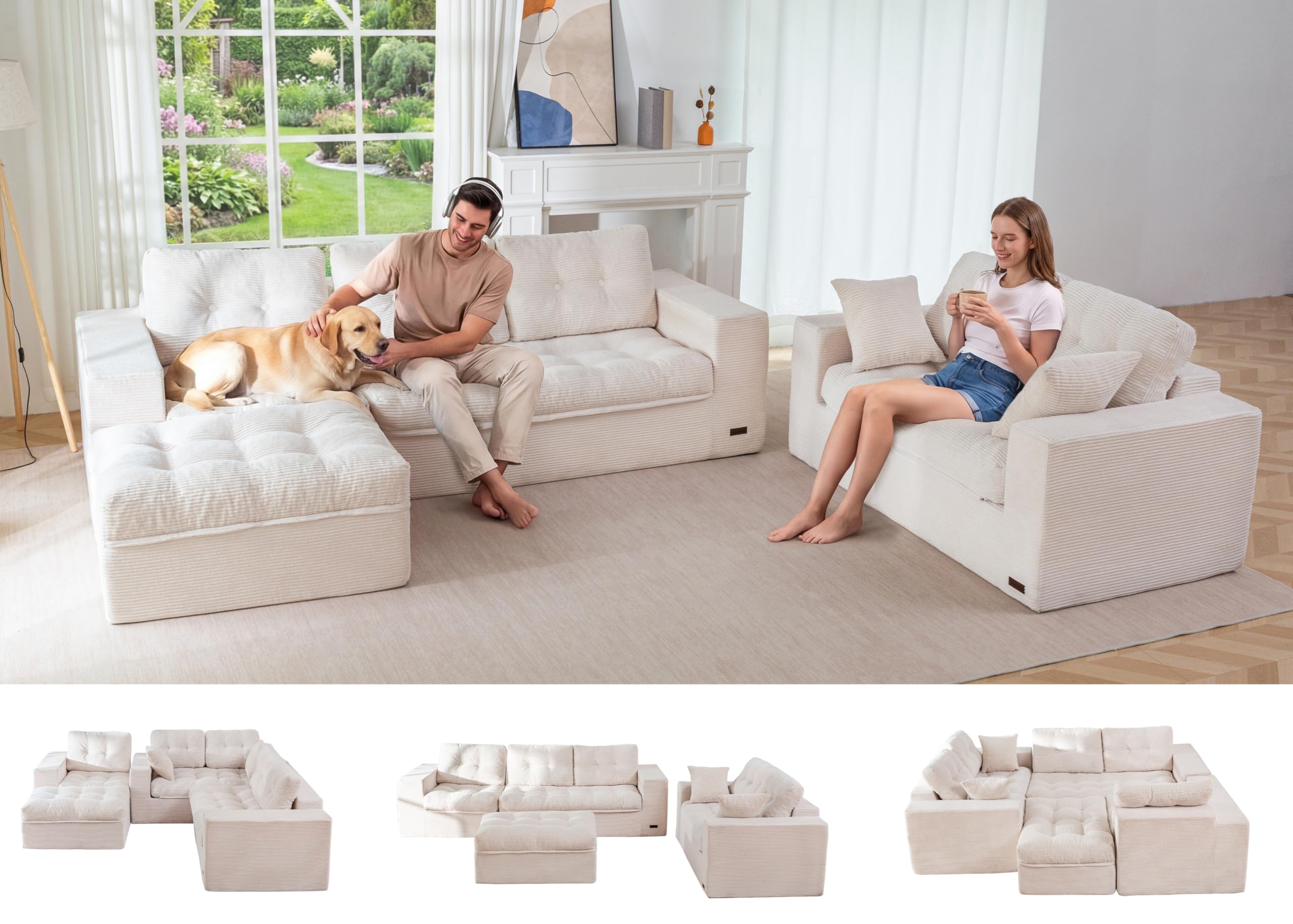 MAXYOYO Modular Sectional Sofa with Ottoman and Loveseat, Cloud Boneless Couch with Layered Cushion, Flexible Module Combination Sofa for Living Room, No Assembly Required,Beige
