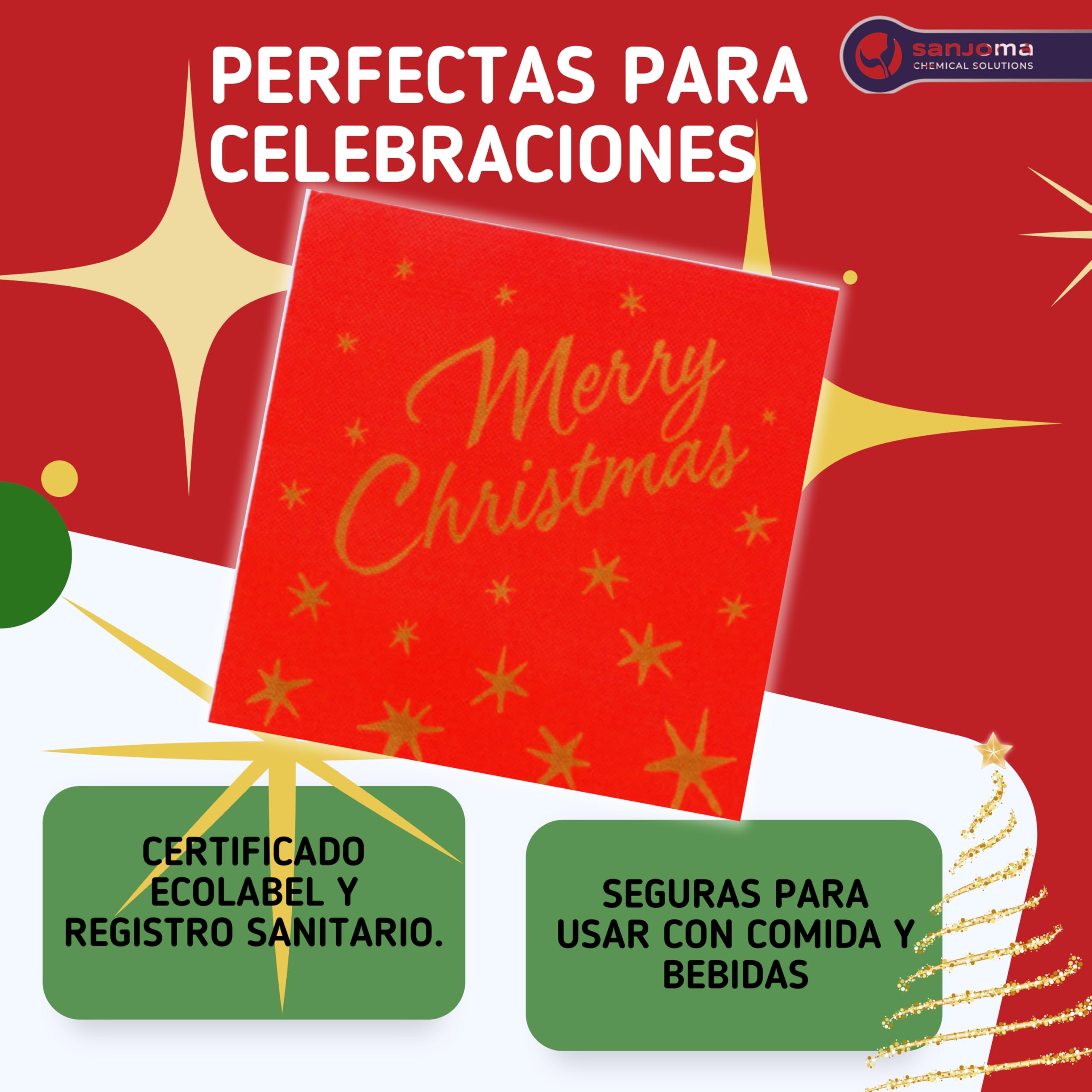 SANJOMA | 1000 Servilletas Doble Punto Papel Navidad | Servilletas Decoradas Merry Christmas Reciclables, Biodegradables | Roja Y Oro 40x40 cm, 18 g/m² | Certificado Ecolabel y FSC (1000, Rojo y Oro)