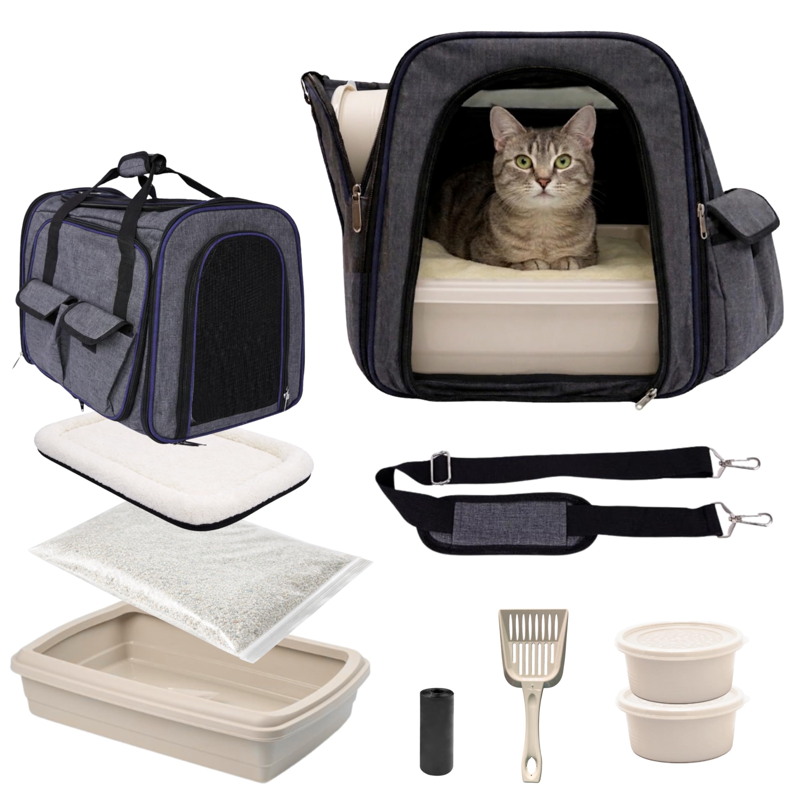 Complete Kit Cats Accessories: Transport Large Cat and Litter Box Cats, Feeder, Drinker, Bed and Shovel – Ideal for Travel, Car, Holidays and Welcome to Home (Light Brown)