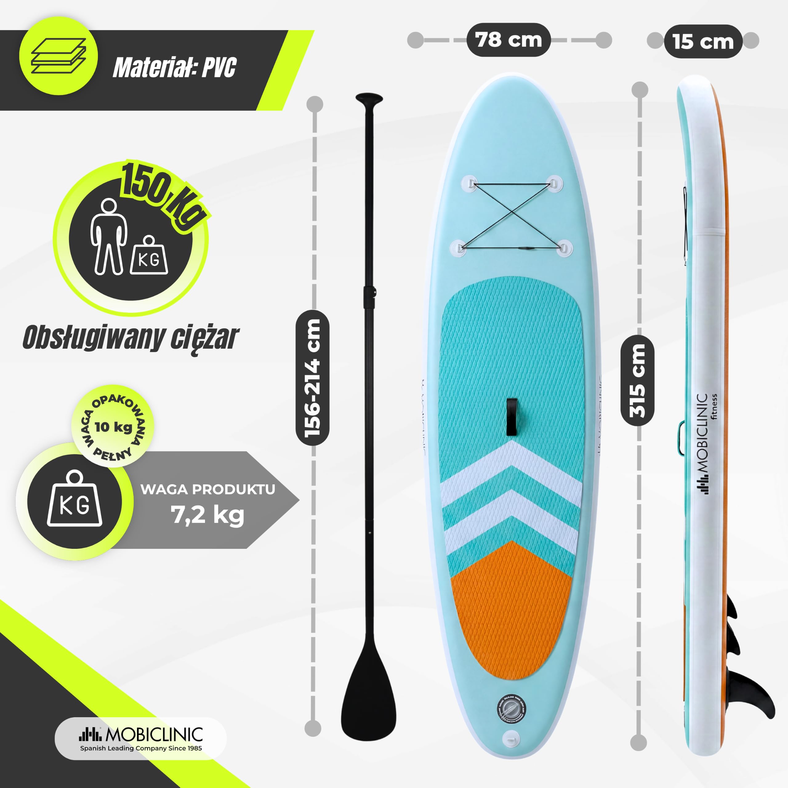 Mobiclinic®, Nadmuchiwana deska do paddlesurfingu, Lilo, Zestaw z pompą, Plecak, Regulowane wiosł, Etui na telefon, Naprawczy, 320x83x15 cm, Dla dzieci, Dorosłych i zwierząt, 150 kg