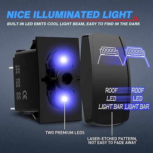 Miniatura 4 de MicTuning LS083001-HF. Interruptor de encendido/apagado en forma de barra, con luz LED láser azul de 12V, 20 amperes y cable de puente. Juego de 5