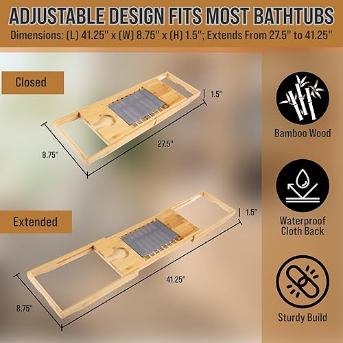 Miniatura 3 de Bamboo Bathtub Tray - Wood Bath Caddy with Book, Phone, or Tablet Rest, Cup Holder, and Extended Sides for Bath Accessories by Home-Complete