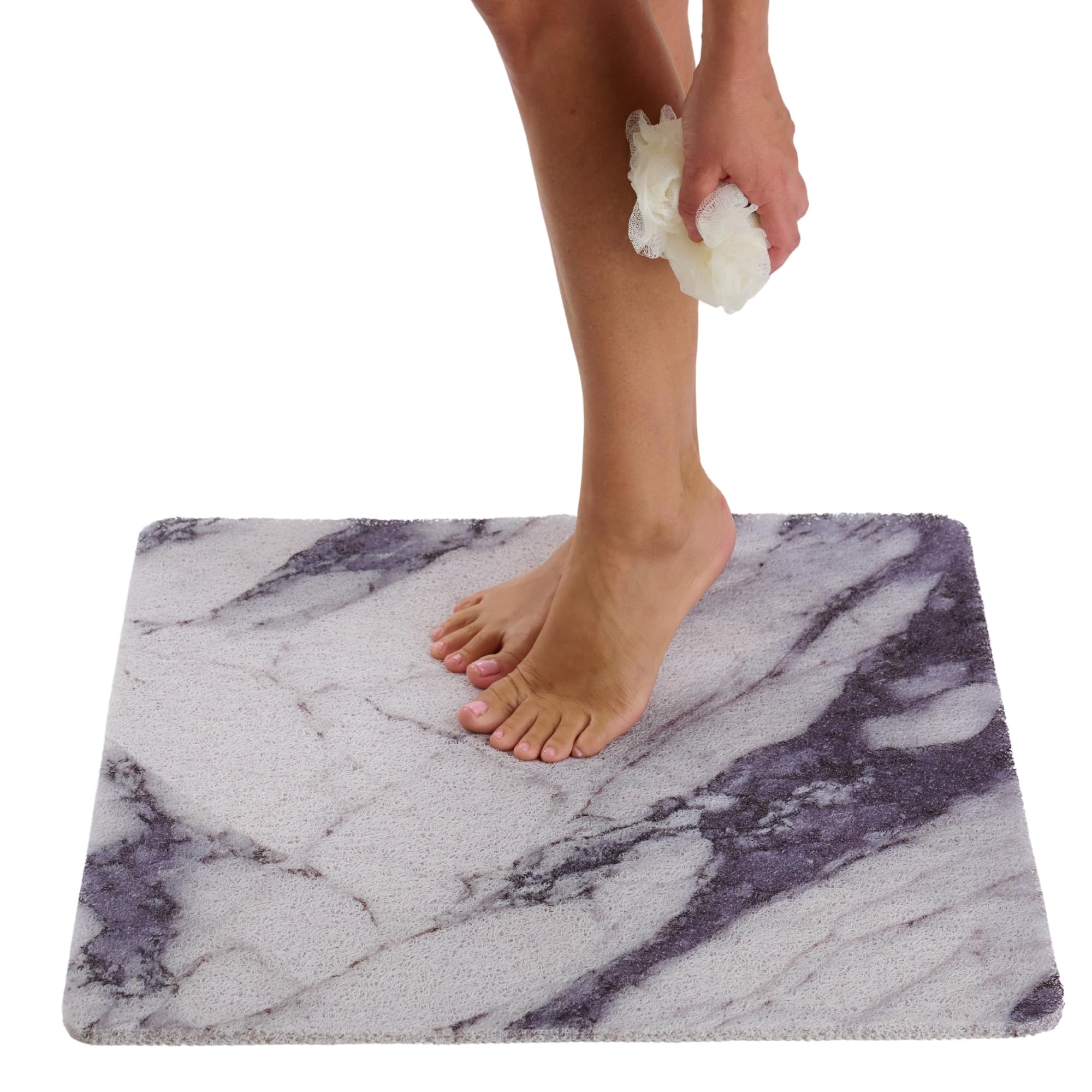 Enkosi Loofah Shower Mat Non Slip – Square Anti Slip Bath Mat for Inside Showers, Bathtub, Tub, Bathroom - Cushioned, Quick Dry PVC with Drain Holes - Secure Grip Safety Pad (Marble Grey Blue 24x24)