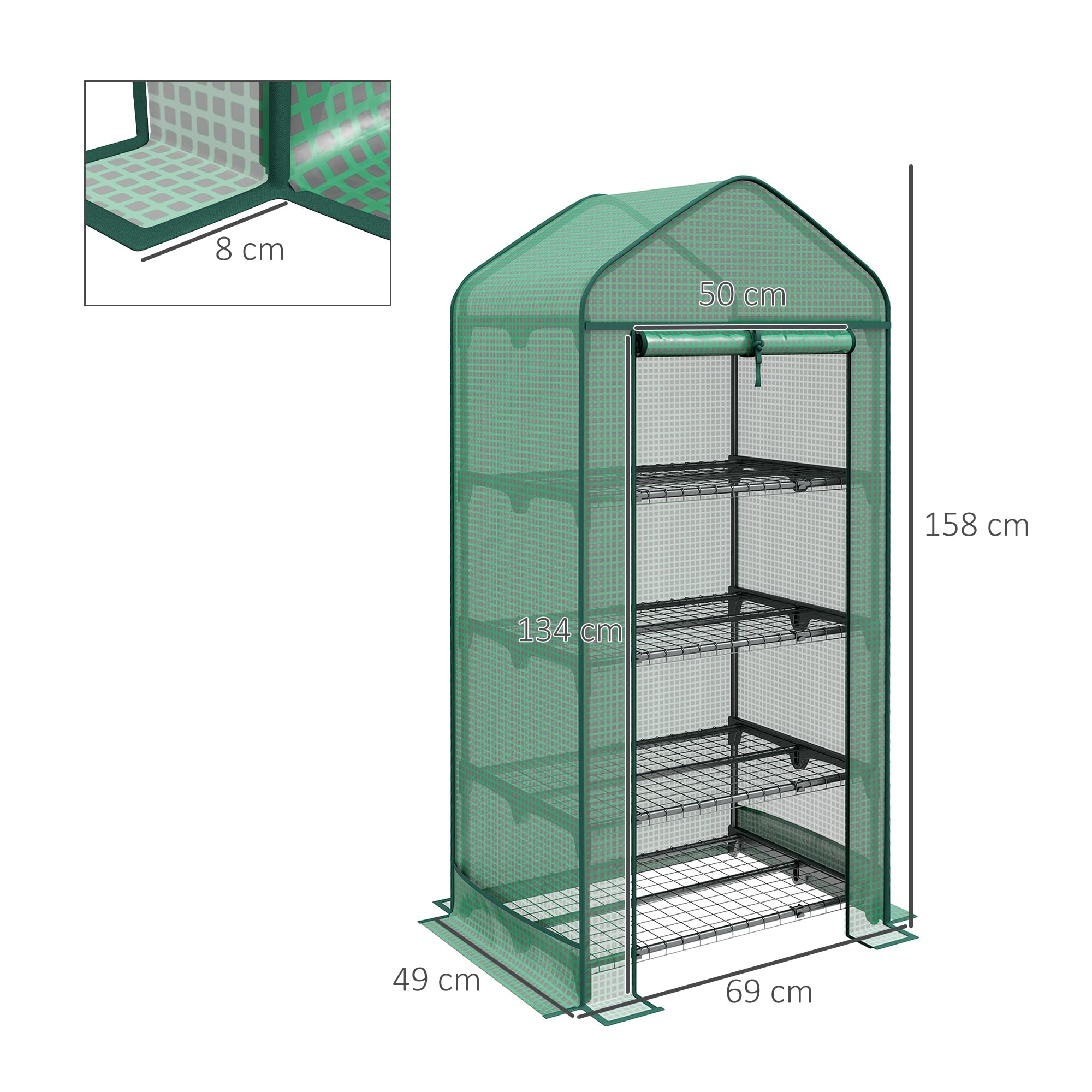 Outsunny Serra per Piante a 4 Ripiani con Porta Avvolgibile, Piccola Serra in Metallo e PE, 69x49x158 cm, Verde scuro