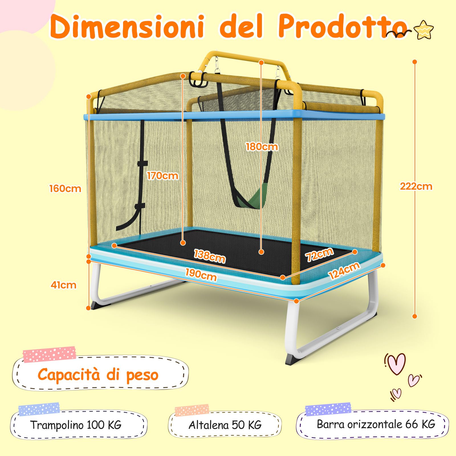 COSTWAY Trampolino Rettangolare per Bambini 3-in-1 190 x 124 cm, Tappetto Elastico per Bambini da Esterno ed Interno con Rete, Altalena, Barra, Copertura e Design senza Fessure