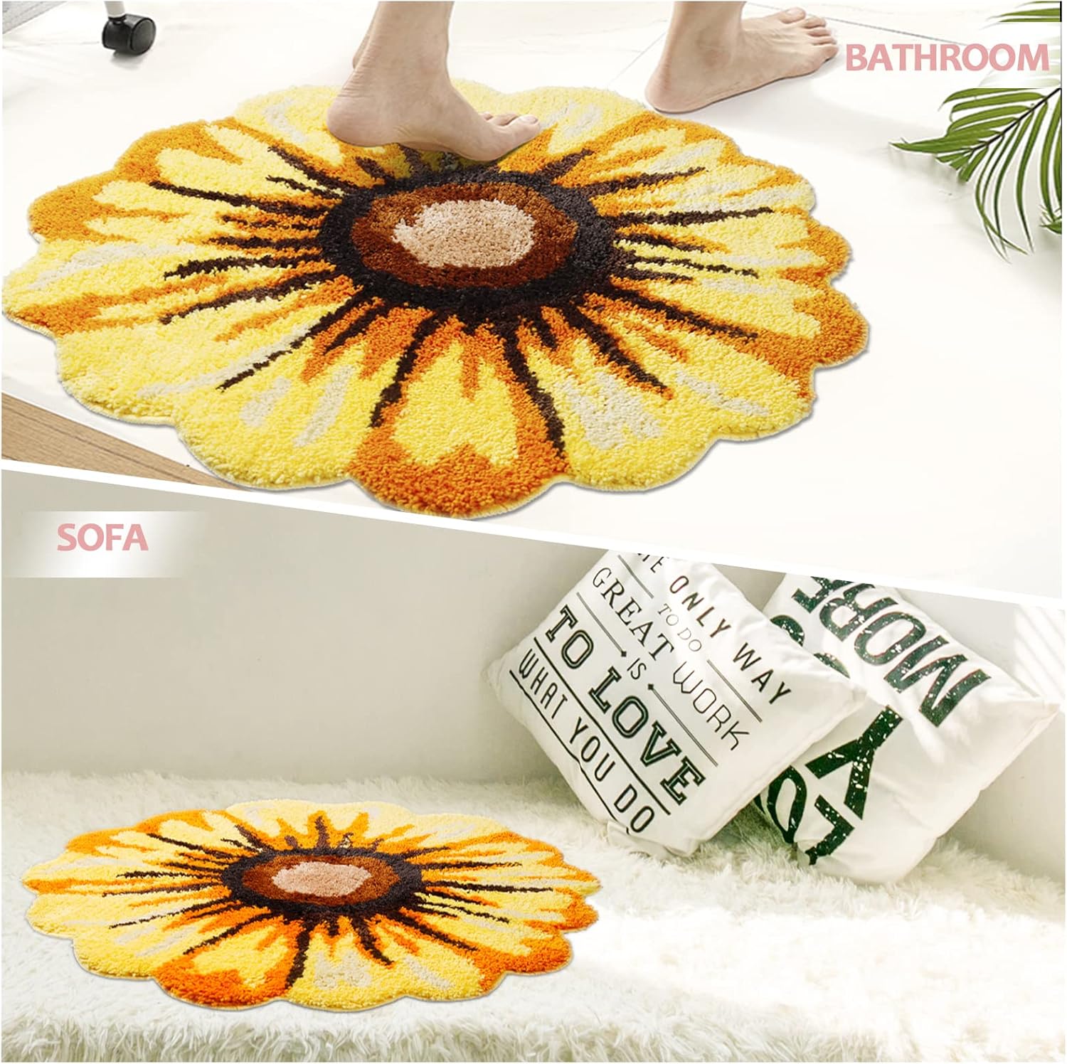 Sunflower Rug Mat 27.6 Inch Cute Flower Shape Bathroom Rug Non Slip Absorbent Bath Mat Area Rug Plush Tub Floor Rugs for Bedroom,Living Room (Yellow)