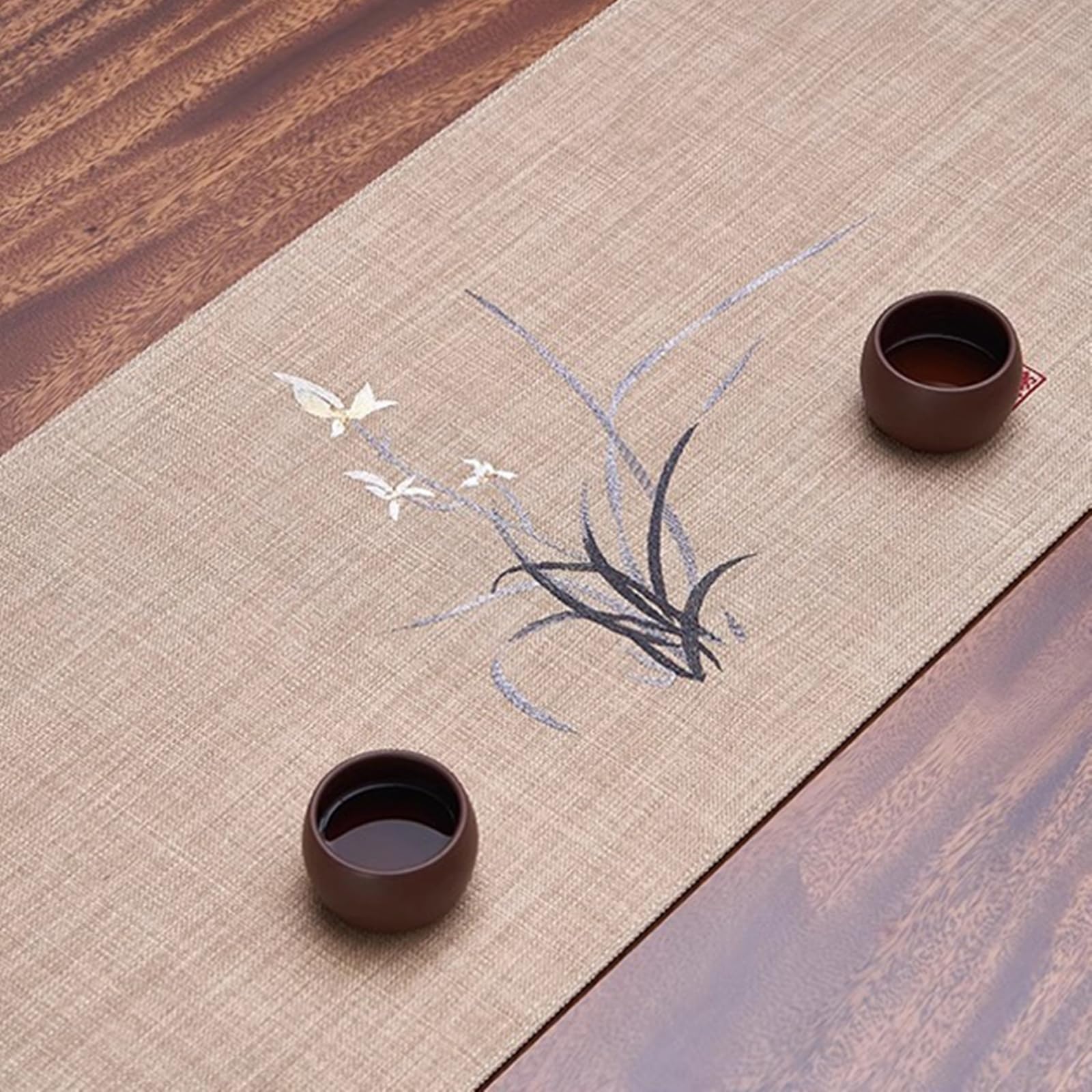 Camino de Mesa Decorativo para Mesa Comedor Poliéster, Camino de Mesa Boda 33x180 cm, Bordado con Temática Zen Y Aspecto de Lino