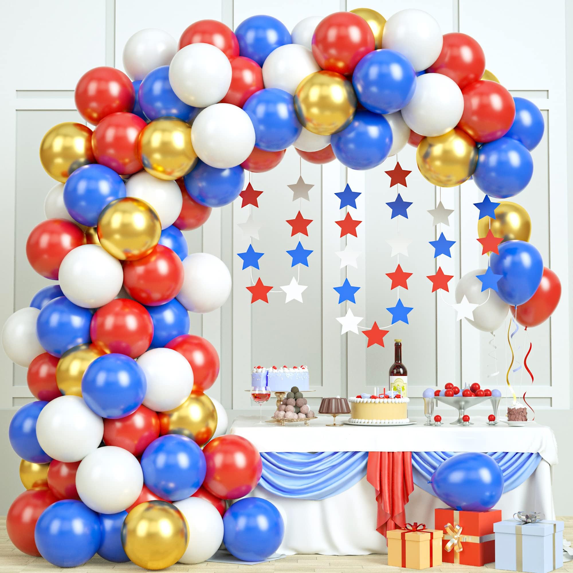 GRESAHOM Red White Blue Balloon Arch Garland Kit, Red Blue Metallic Gold Party Balloons with Star Garland Hanging Bunting Decoration for Boys Birthday Baby Shower Party Decor