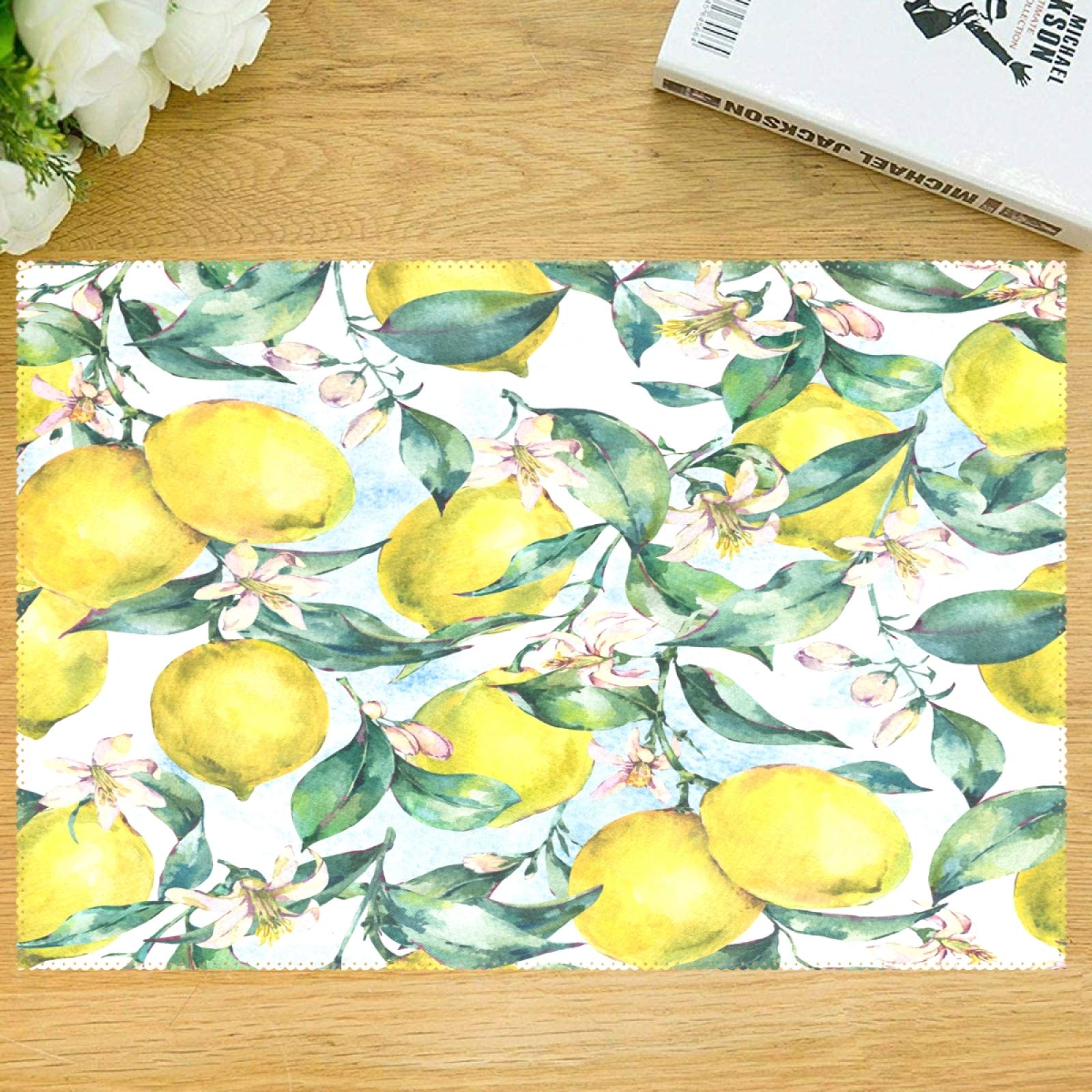 visesunny Branch of Fresh Yellow Lemon Green Leaf and Flower Placemat Set of 6 Table Mat Desktop Decoration Placemats Non Slip Stain Heat Resistant 12x18 in for Dining Home Kitchen Indoor
