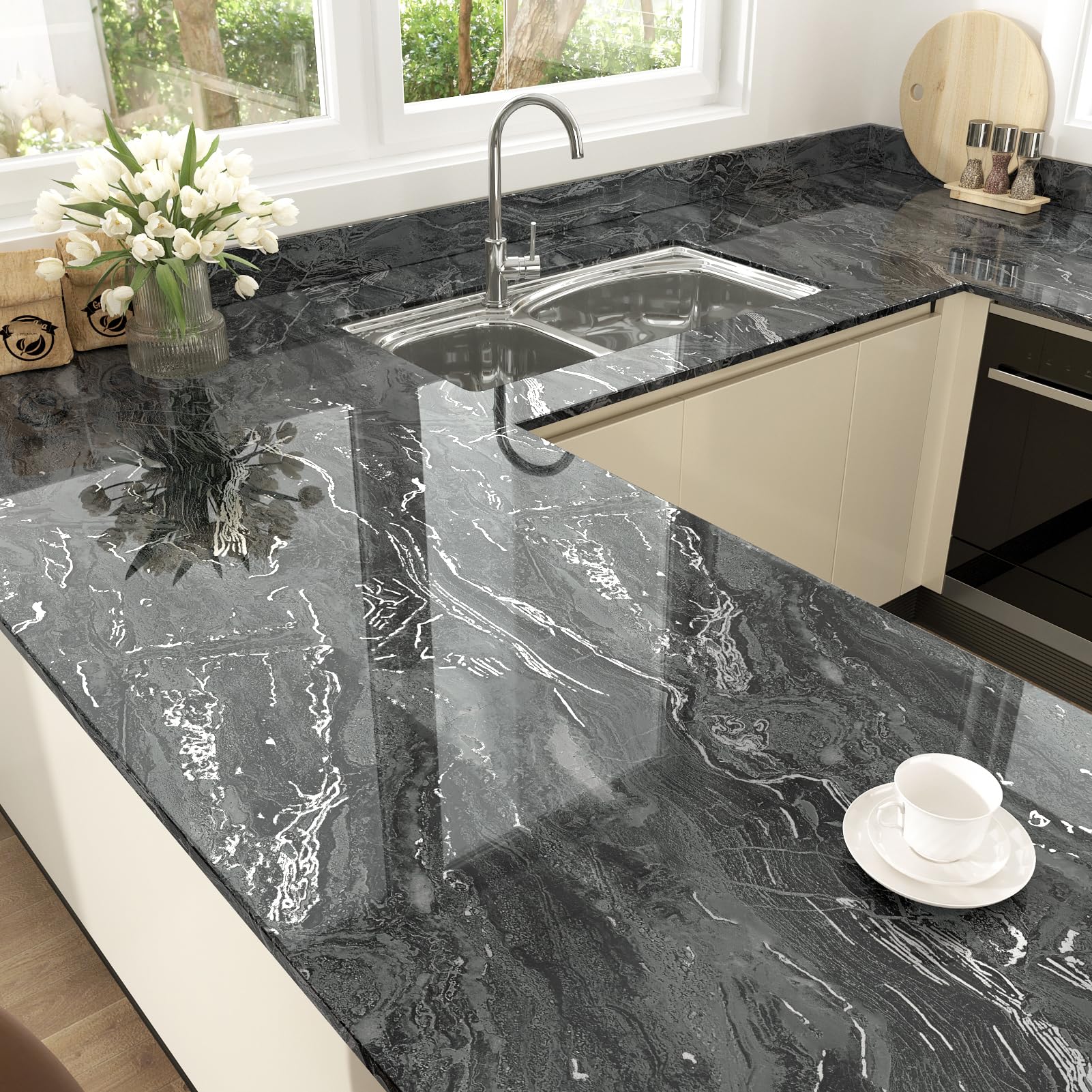 Glossy Silver/Black Marble Contact Paper for Countertops 15.8''x236'' Shiny Granite Peel and Stick Countertops Wall Paper Vinyl Waterproof Self