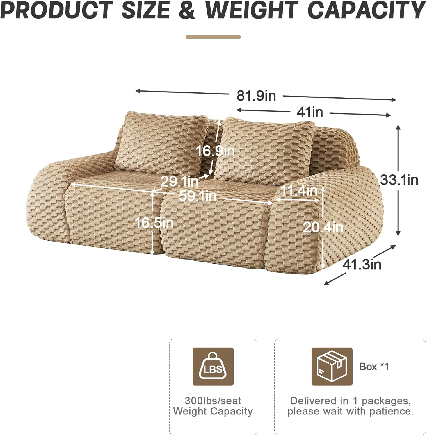 82" Modern Modular Sectional Sofa, Flannelette Fabric Boneless Couch, Oversized Cloud Sofa for Living Room, No Assembly Required (Light Camel, Loveseat)