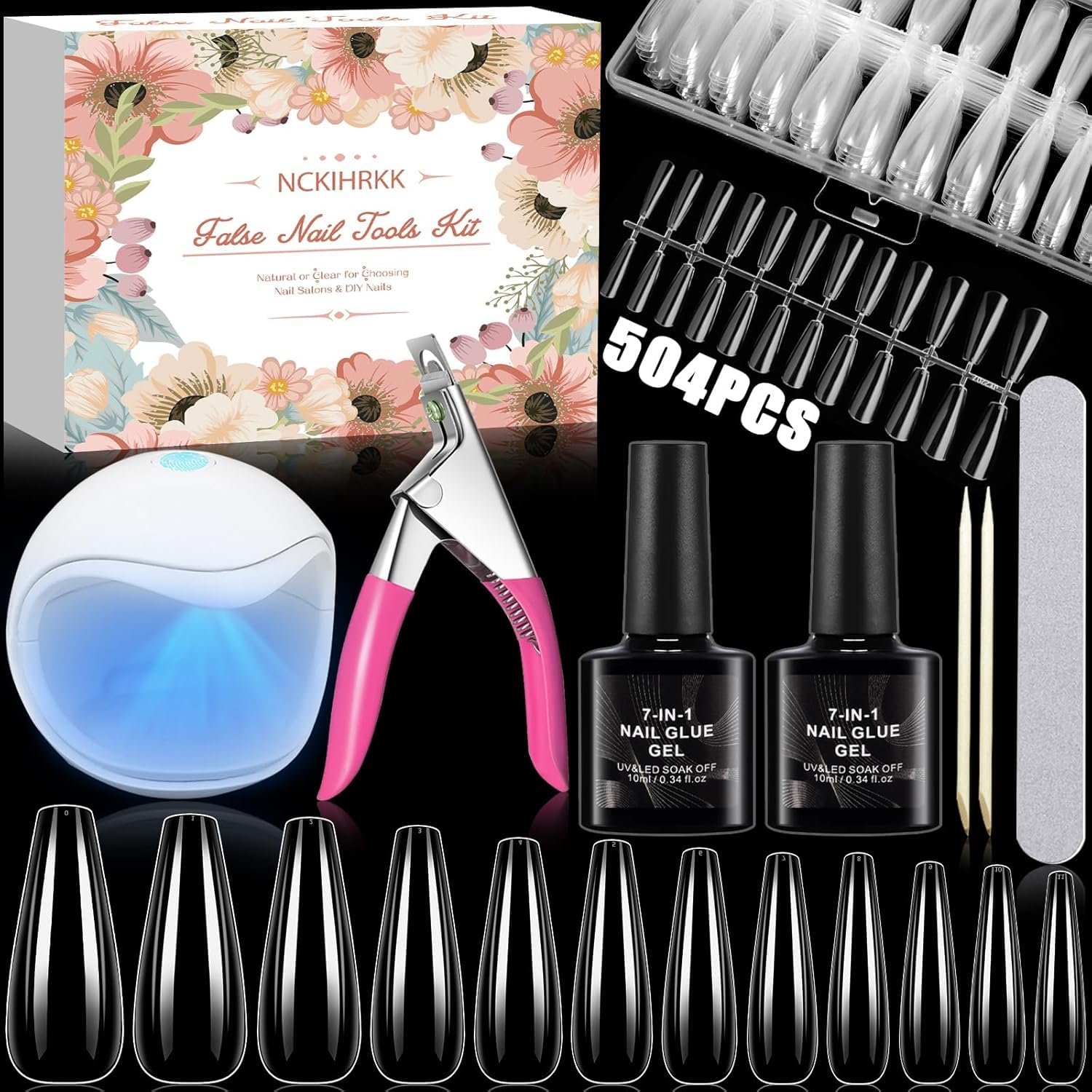 Tip Unghie Finte Con Colla, 504 Pezzi Tip Unghie Ricostruzione, Taglie 0-11 Acrilico Unghie Finte Unghie Tips Set con 7 in 1 Colla, UV LED Mini Lampada per Saloni e Uso Domestico Nail Art Kit