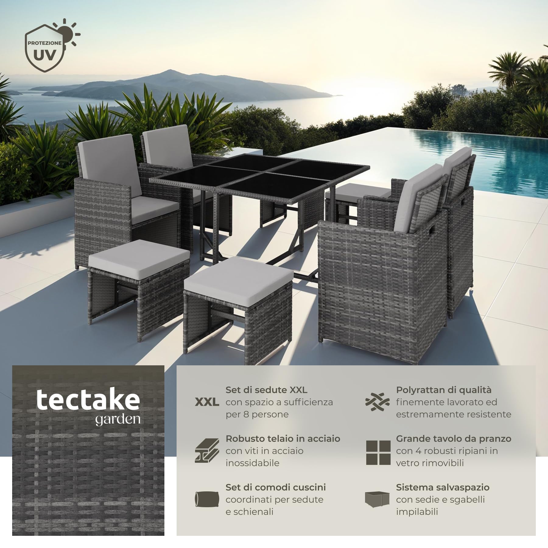 Set Mobili Rattan Bilbao 4 Sedie 4 Sgabelli Tavolo Acciaio Poly Rattan Giardino Terrazzo Grigio