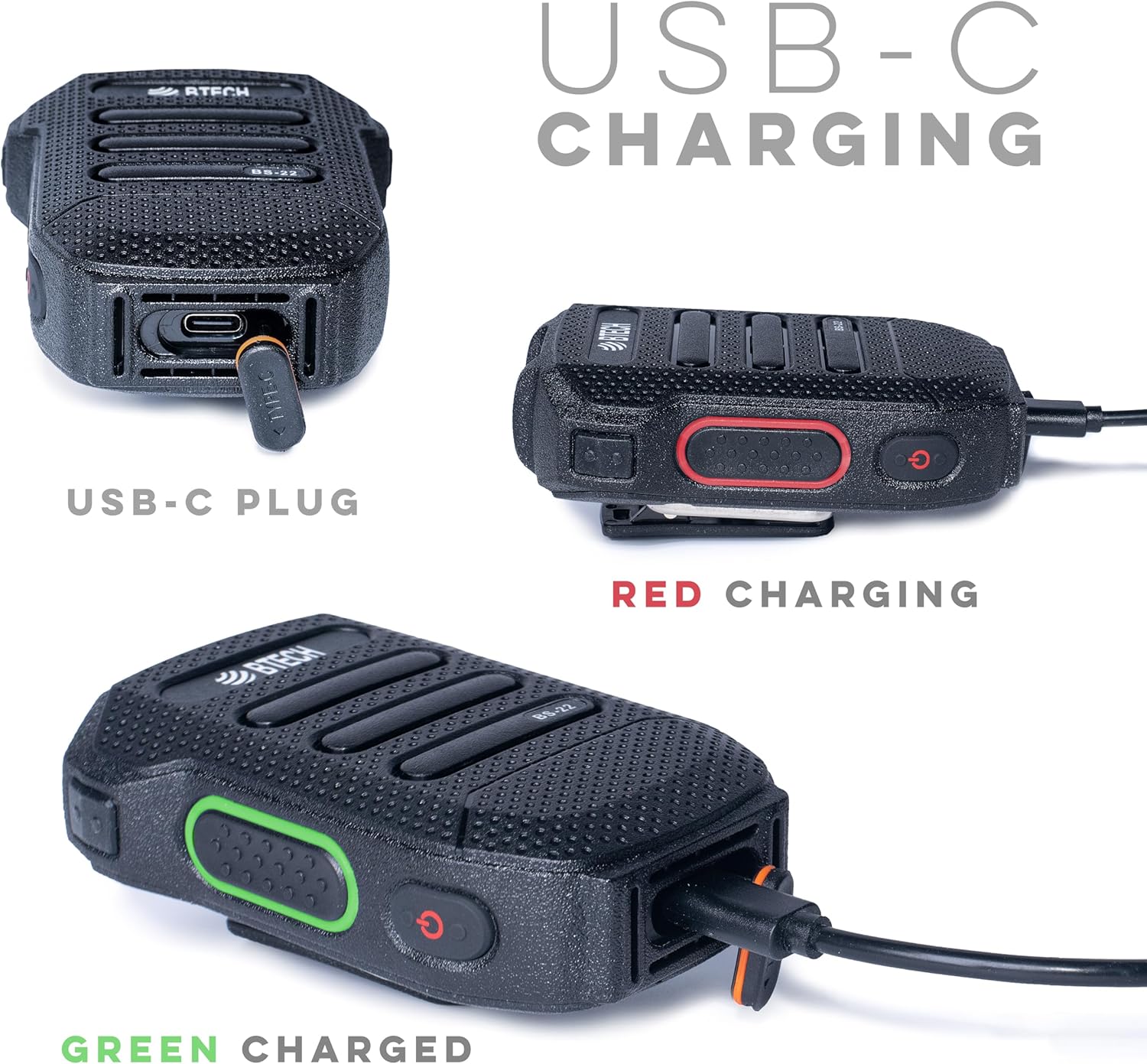 Close-up images showing the USB-C charging port, red charging indicator, and green charged indicator on the BS-22