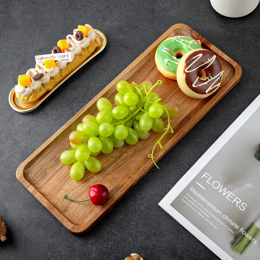 Tablett Holz 30x12 cm 3er Set, Dekotablett aus Akazienholz, Serviertablett Klein Holz Tablett, Holztablett Deko Rechteckig, Deko-Tabletts für Dessert Kosmetik Schmuck Kerzen