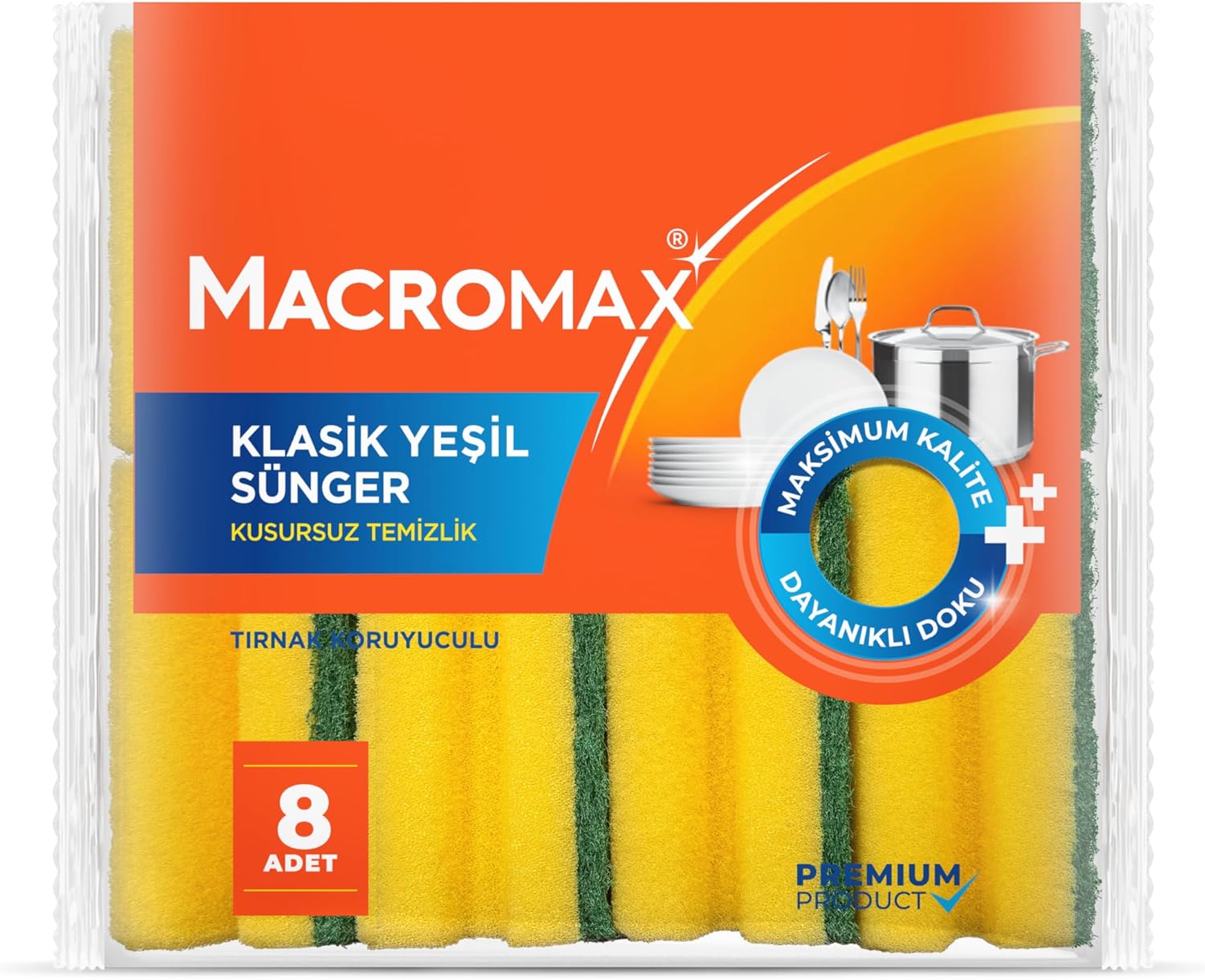 Macro Max Tırnak Koruyuculu Bulaşık Süngeri 8’li Paket – Ergonomik Yeşil Klasik Sünger