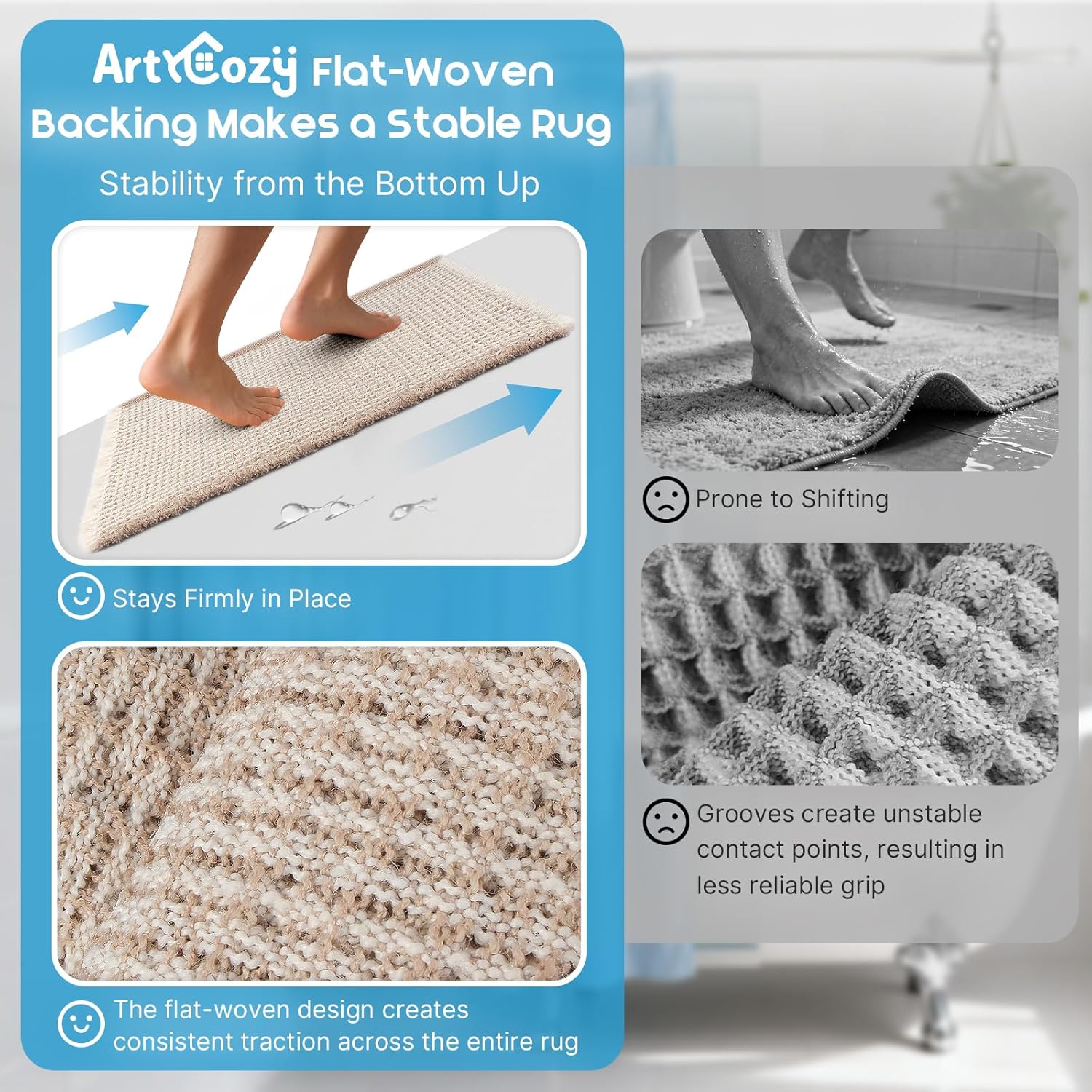 ArtyCozy Waffle Bath Mat, Super Absorbent Soft Non-Slip Boho Bath Rugs with Flat-Woven Hot Glue Backing for Bathroom, Machine Washable Bath Mats, 17" × 24", Brown & White - Image 4