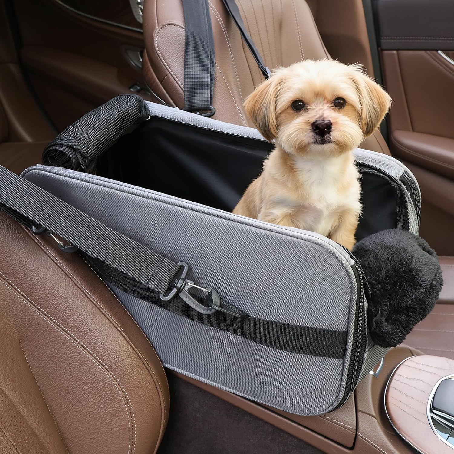 Center Console Dog Car Seat for Small Dogs,Dog Booster Car Seat with Safety Belt and Pockets,Portable Pet Armrest for Puppy Cat Under 13 lbs (Black)
