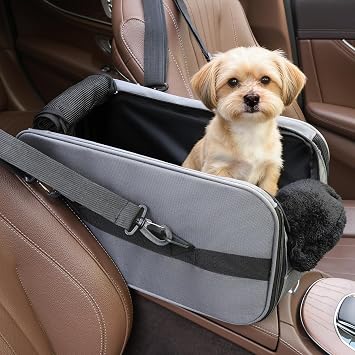 Center Console Dog Car Seat for Small Dogs,Dog Booster Car Seat with Safety Belt and Pockets,Portable Pet Armrest for Puppy Cat Under 13 lbs Grey
