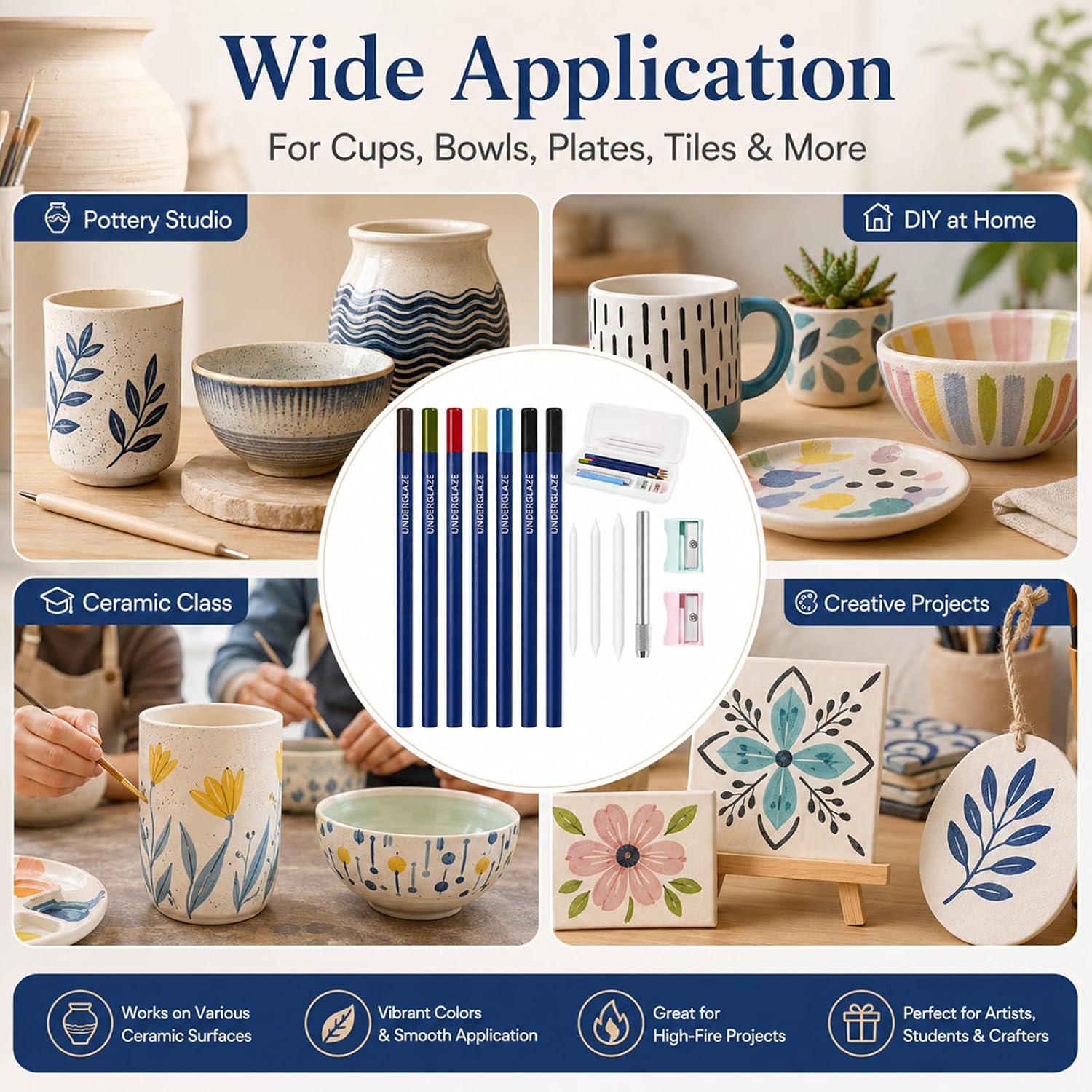 gisgfim 14Pcs Underglaze Pencil Set 7Pcs Ceramic Glaze Pencils Multicolor Underglaze Pottery Pencils Include Pen Case, Blending Stumps, Pencil Extenders and Sharpener Ceramic Tools for Art Creation