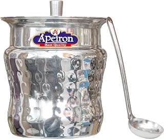 Apeiron Stainless Steel Ghee/Oil Pot with Spoon and Lid - 300 ml (Pack of 1, Damru Hammered)