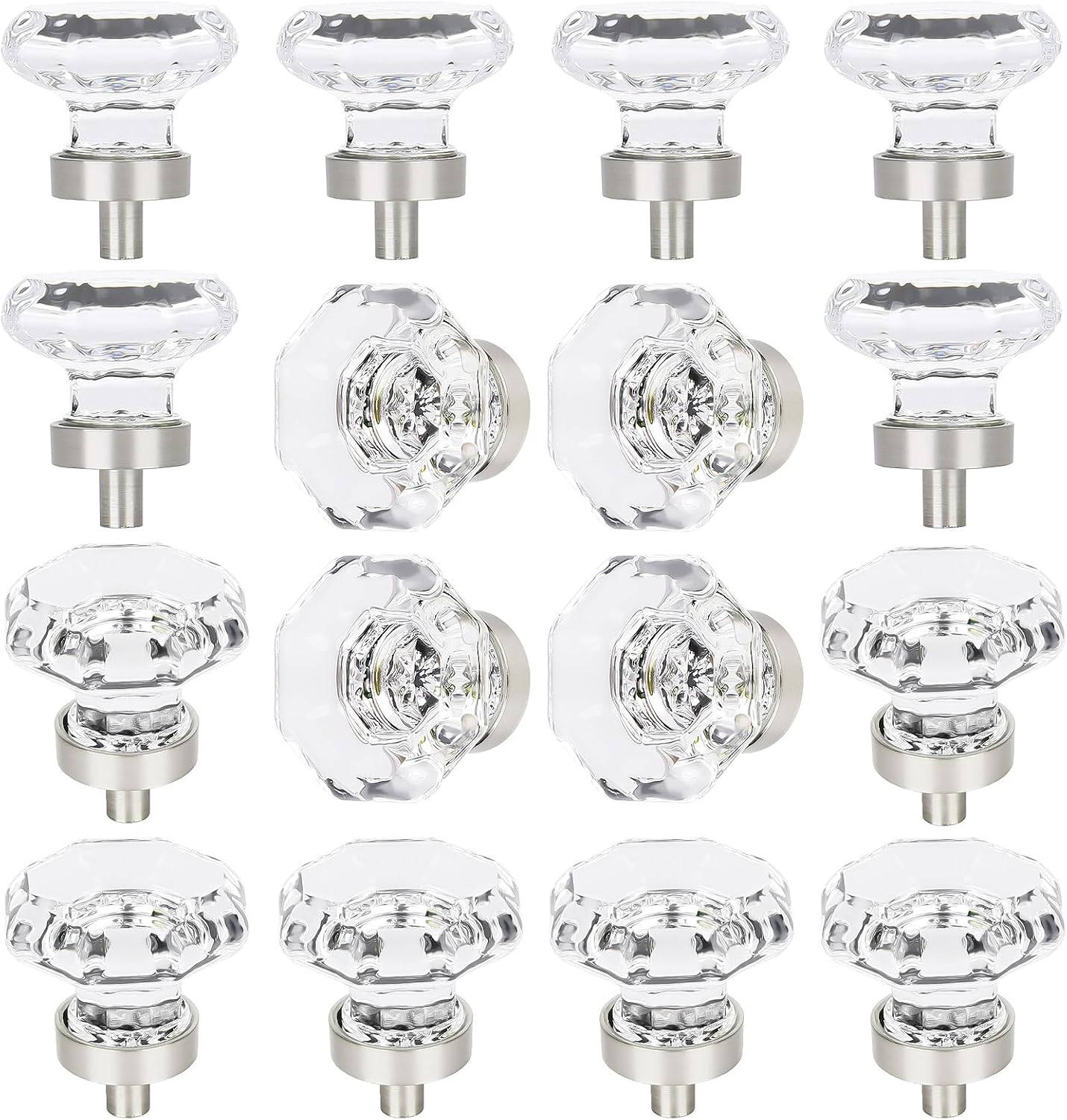 16 PCS Glass Crystal Dresser Cabinet Knobs Brushed Nickel, Octagon Knobs and Pulls for Dresser Drawers, Bathroom Kitchen Cabinet Drawer Knobs Set