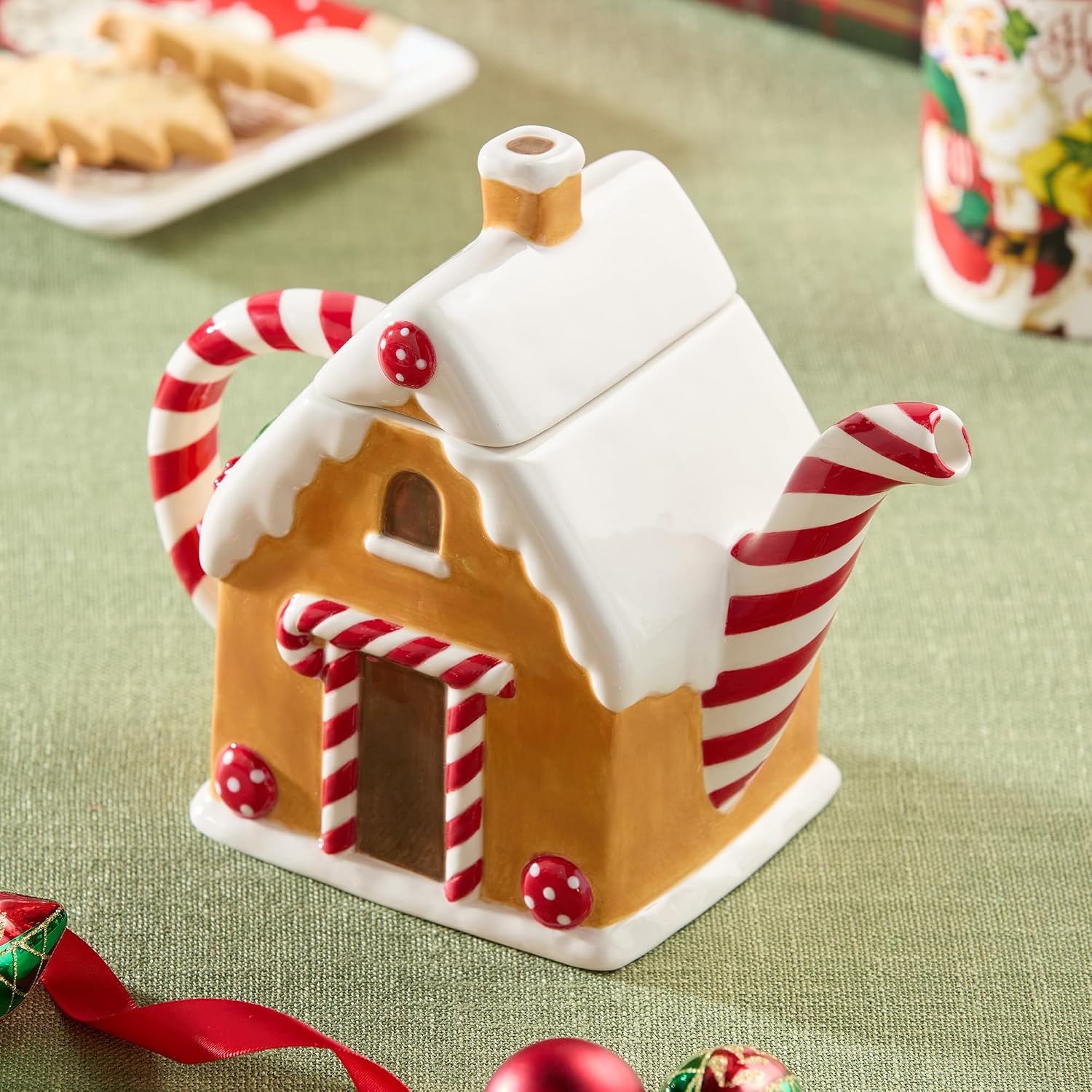 Santa’s Retro Christmas Gingerbread Teapot – 3D Holiday Teapot with Vintage-Inspired Santa, Decorative Festive Tea Pot for Tea, Cocoa & Christmas Entertaining