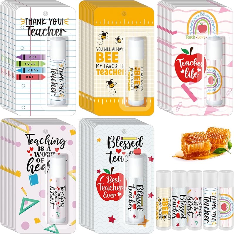 Bálsamo labial Sacubee com design temático para professores, sabor mel, Pacote com 60 unidades