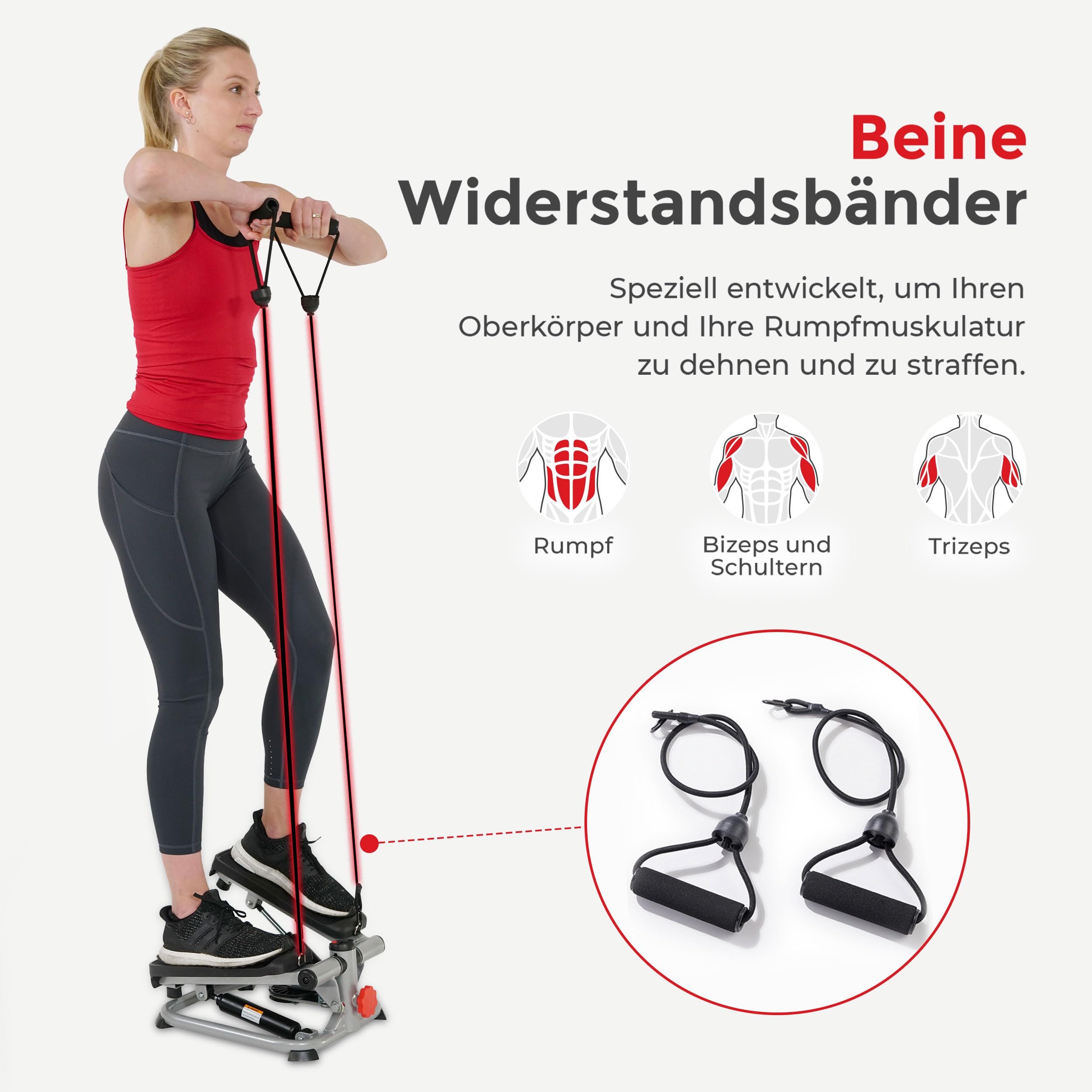 Sunny Health & Fitness Mini-Stepper mit LCD und Verstellbarer Tritthöhe | Unterkörper-Cardio, Vollständig vormontiert, LCD-Display, Heimtraining, Widerstandsbänder, Hydraulischer Stepper
