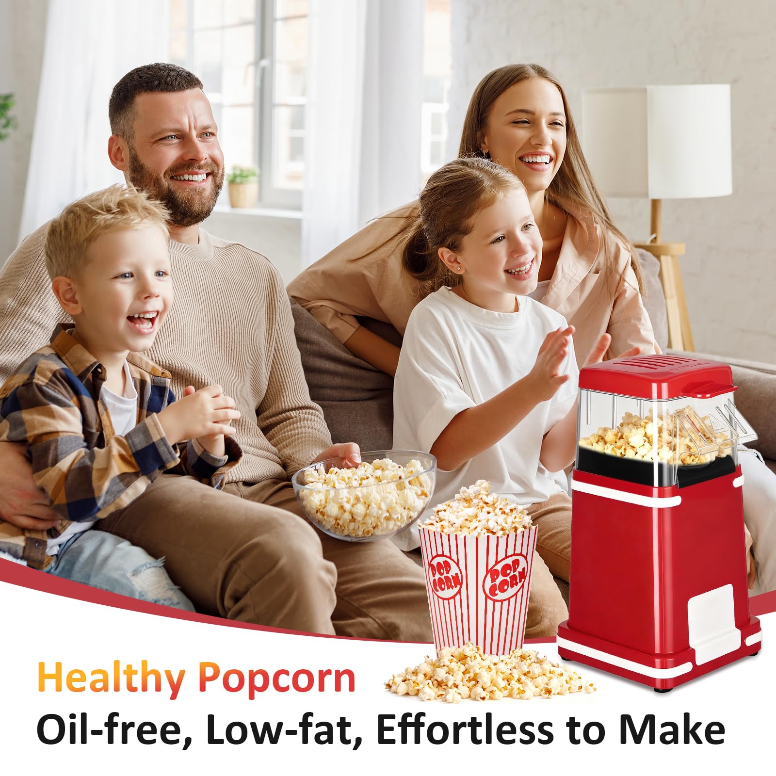 VINATO Macchina Popcorn, Aria Calda 1200W Senza Olio Macchina Popcorn, 1 Pulsante, Prepara Popcorn in Soli 2 Minuti Ideale per Casa e Viaggi