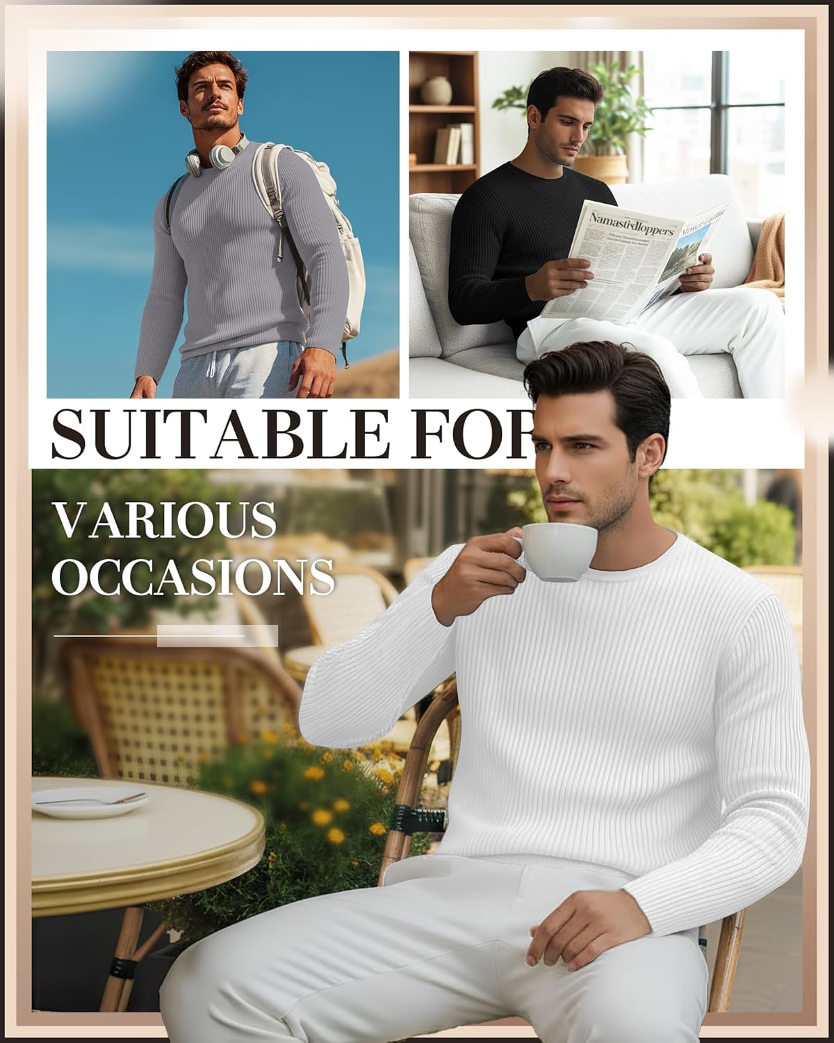 3 Pack Men's Big and Tall Thermal Shirts, Cotton Long Sleeve Ribbed Sweater Crew Neck Knit Pullover Basic Undershirt - Image 2