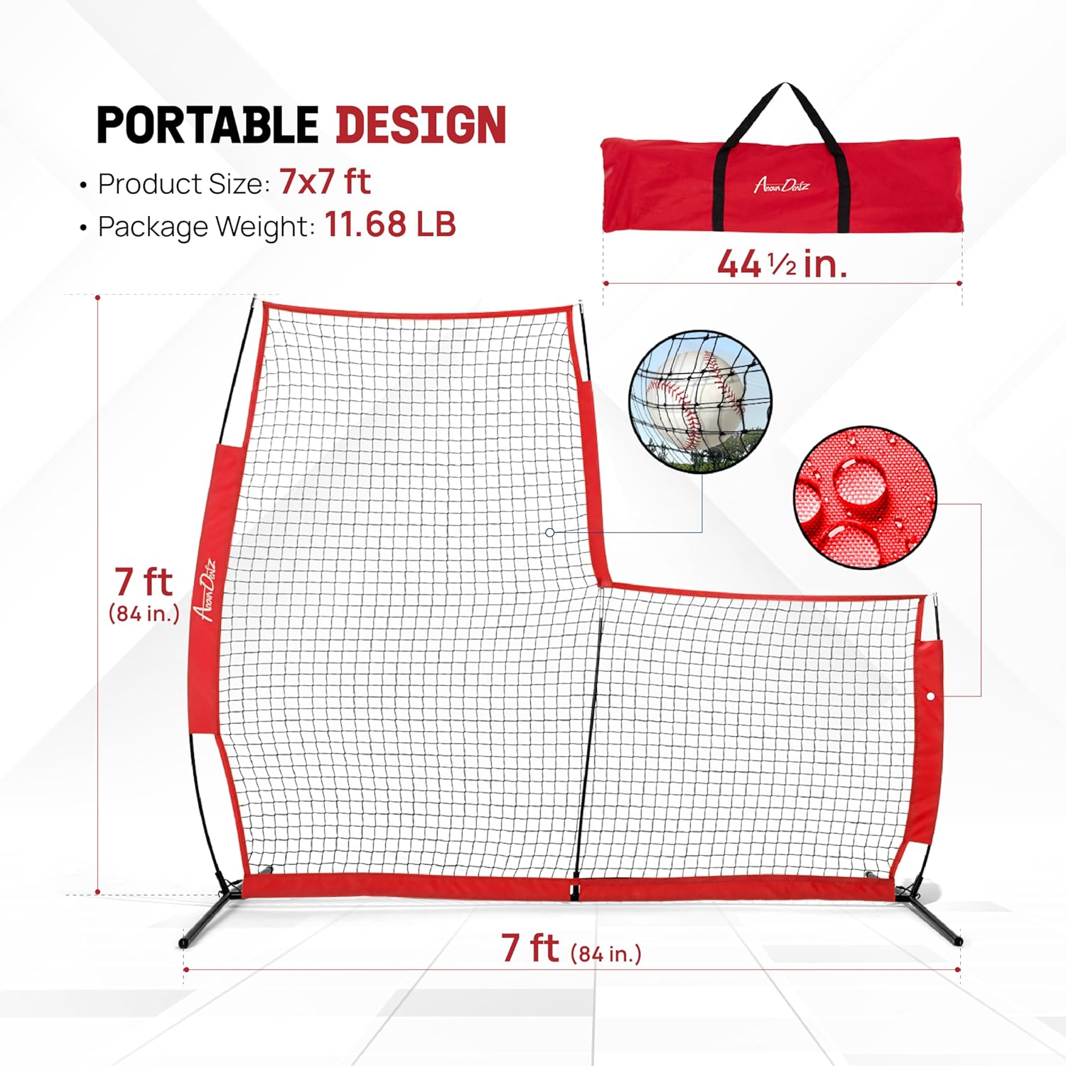 Portable L-Screen Baseball 7x7ft with 2 Baseballs, Rubber Wheels - L Screen Baseball for Batting Cage, Protective Pitching Screen Net Double Layers, Carry Bag Included