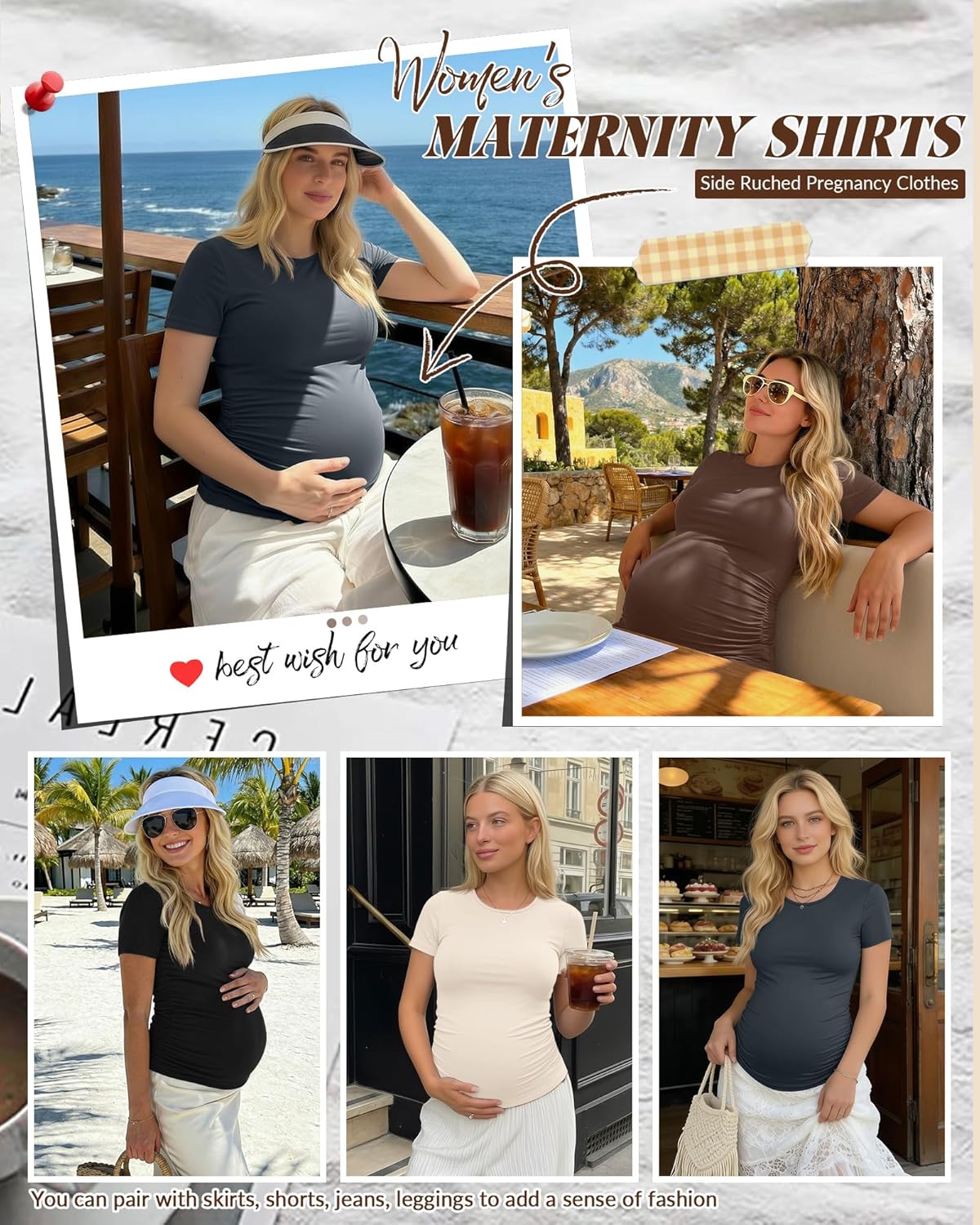 Huukeay 4 Pack Women's Maternity Shirts, Crew Neck Maternity Top Short Sleeve Casual Cotton Tee Side Ruched Pregnancy Clothes - Image 2