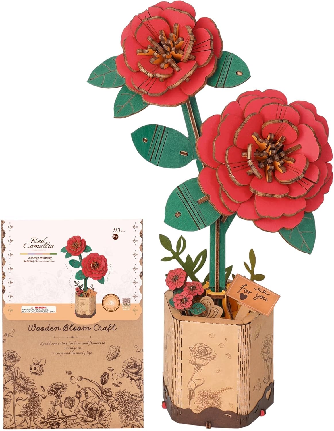 3D Flower Wooden Puzzles for Adults-Red Camellia, Mothers Day DIY Wooden Flowers Model Kit Building Set Crafts Gifts, Artificial Botanical Collection Creative Gift Idea/Housewarming(113PCS)