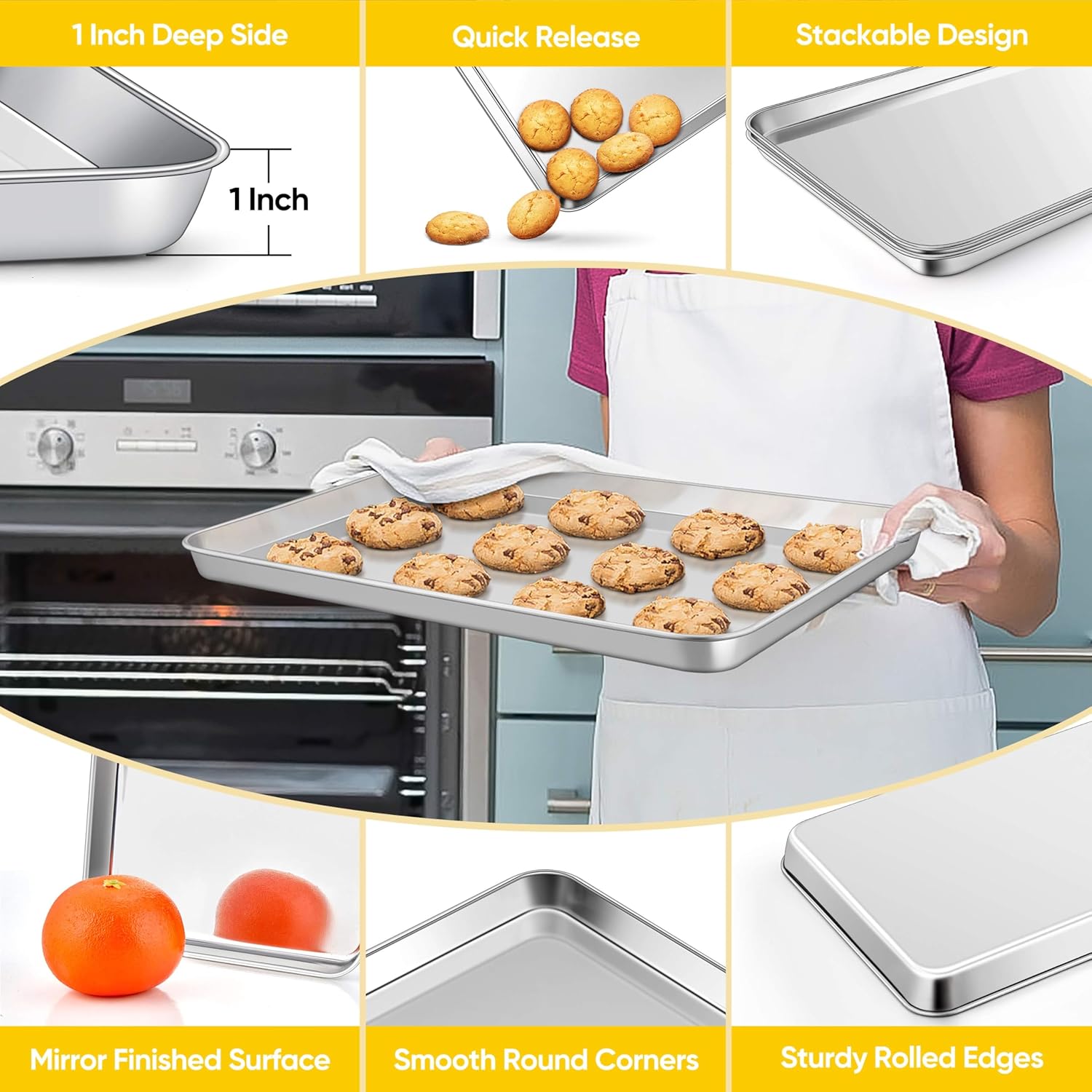Homikit 2 Pack Baking Sheet, 16x12 Inches Stainless Steel Cookie Sheets for Baking, Large Toaster Oven Tray for Roasting Cooking, Metal Jelly Roll Pan Non Stick &Rustproof, Dishwasher Safe - Image 3