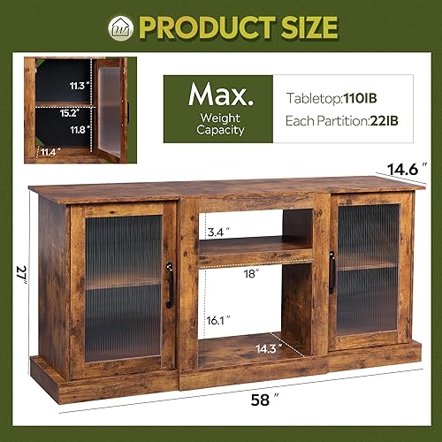 Miniatura 3 de WLIVE Soporte de TV retro para TV de 65 pulgadas, gabinete de consola de TV con almacenamiento, estantes abiertos, centro de entretenimiento para