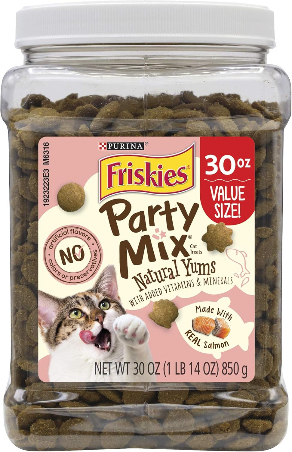 Purina Friskies Natural Cat Treats, Party Mix Natural Yums With Real Salmon and Vitamins, Minerals & Nutrients - 30 oz. Canister